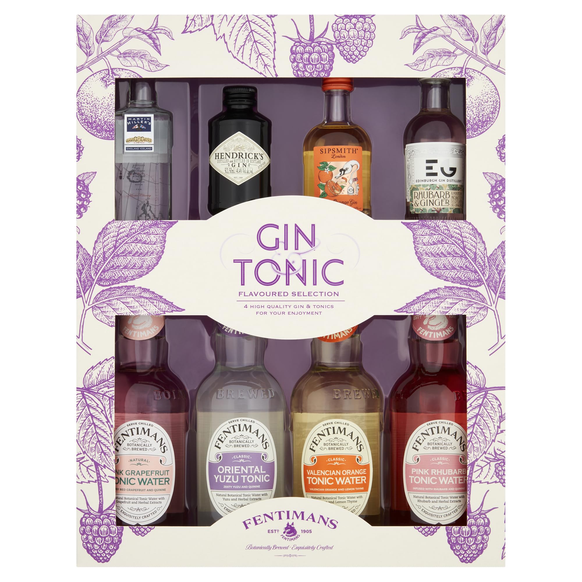 Fentimans Flavoured Tonics Gift Set – 4 x 200ml Tonics with 4 x 5cl Gins: Sipsmith Orange, Edinburgh Rhubarb & Ginger Liqueur, Hendrick’s, Martin Miller’s – Premium Tasting Gift by Blue Tree Gifts