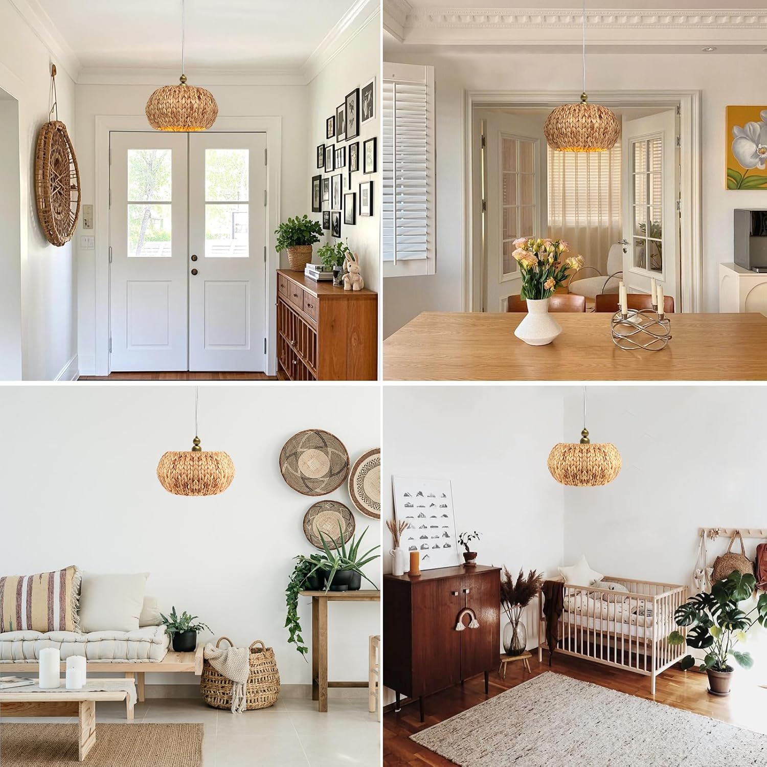 Farmhouse Rattan Chandelier,13.4'' Boho Hand Woven Pendant Light, 3-Light Wicker Chandelier Light Fixture for Dining Room/Living Room/Kitchen Island, E12 Base (Gold)