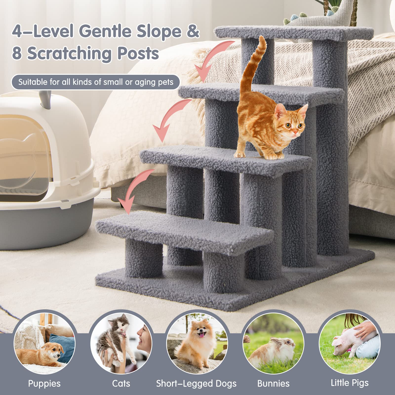Tangkula Escaleras para mascotas para gatos y perros, rampa de escalera alfombrada de 4 escalones, poste rascador para gatos, escaleras para perros de varios escalones para camas altas, sofá (gris)