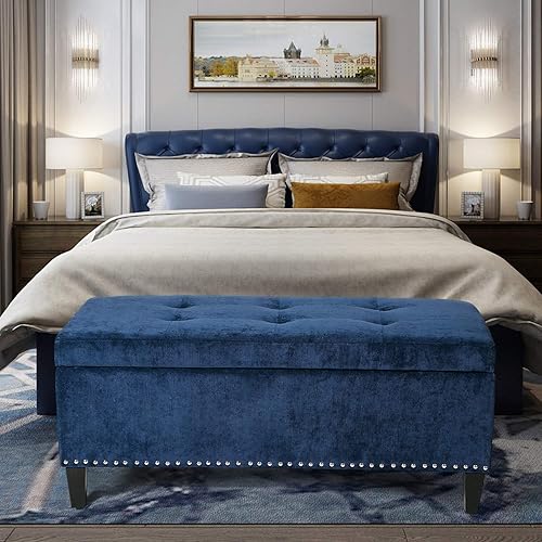 Miniatura 3 de Homebeez Banco otomano de almacenamiento de terciopelo con ribete de clavos (azul)