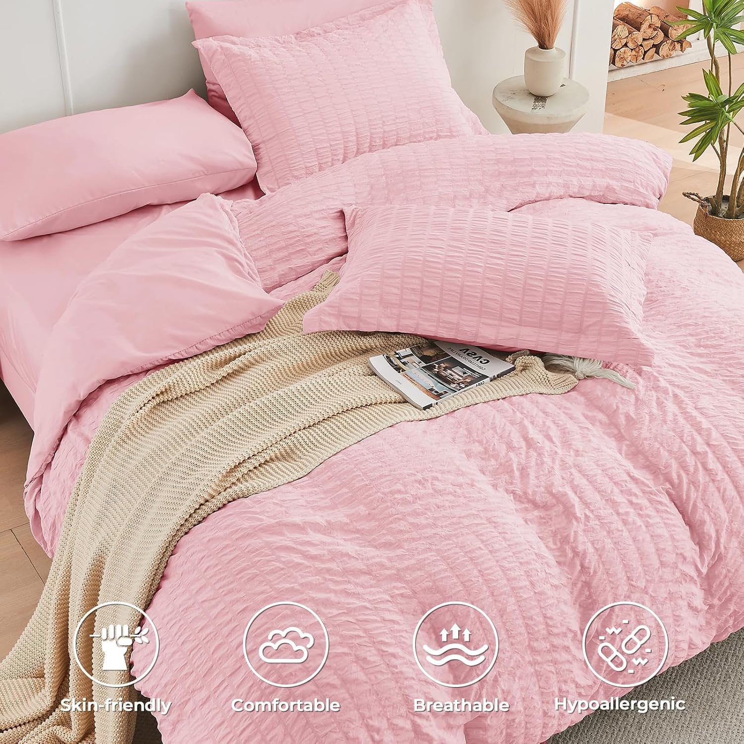 HYMOKEGE Pink Queen Comforter Set Seersucker 7 Pieces, All Season Luxury Bed in a Bag for Bedroom, Bedding Set with Comforters, Sheets, Pillowcases & Shams - Image 3