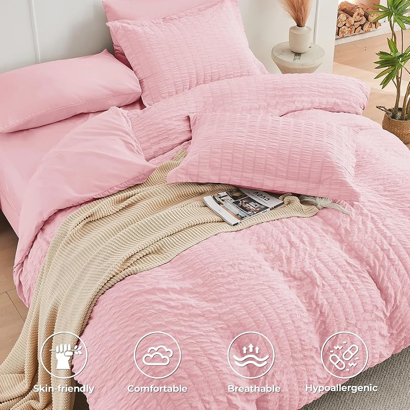 Queen Comforter Set - 7PCS Bed in a Bag, Seersucker Bedding Set, Pink image 3