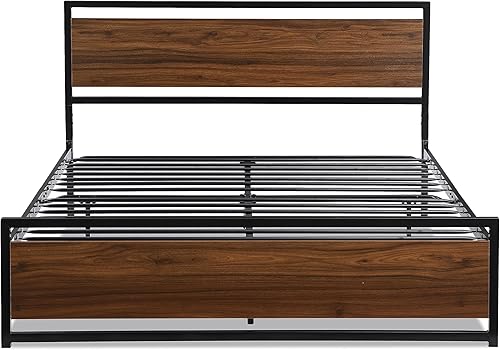 Miniatura 4 de Base de cama de metal de tamaño matrimonial con cabecera y estribo de madera, base de cama de plataforma resistente con almacenamiento, base de