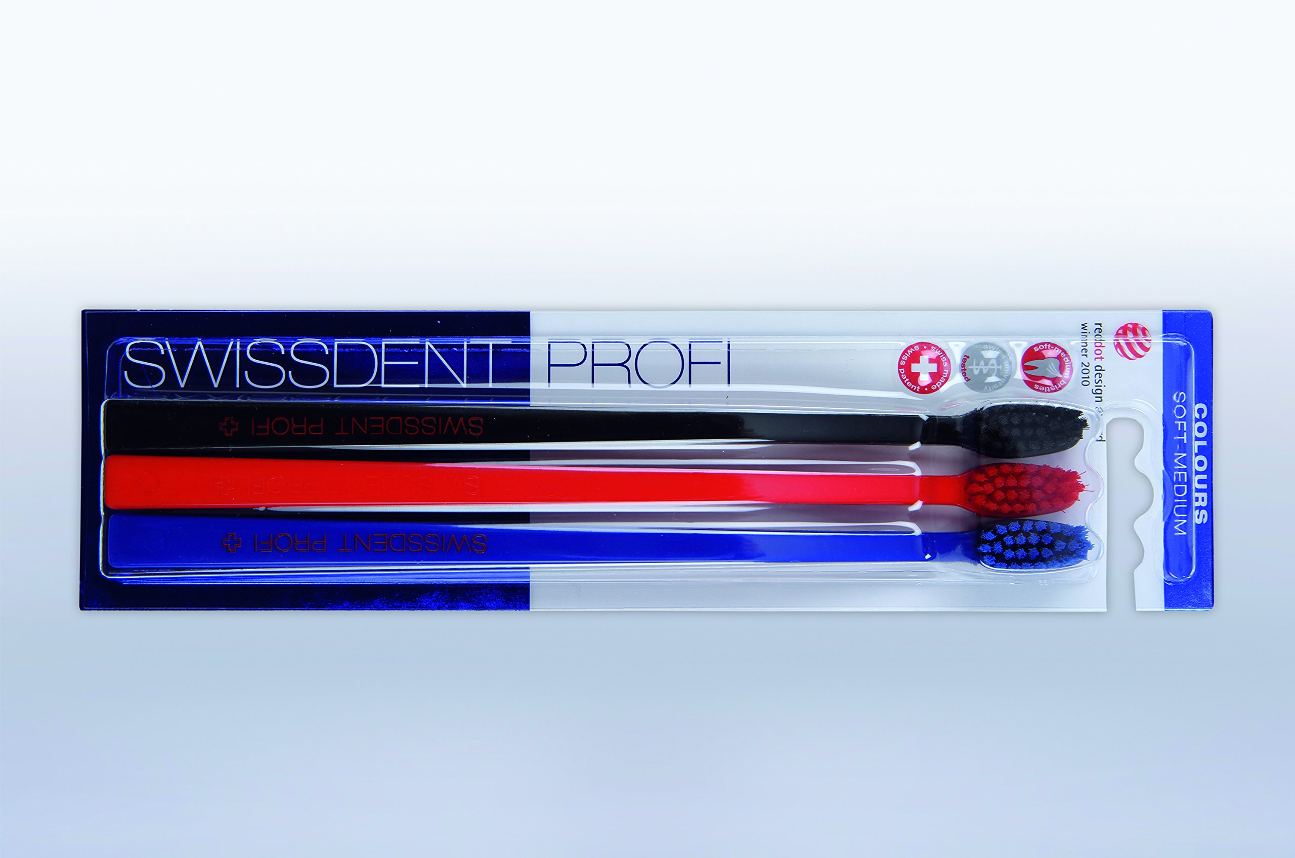 Swissdent Cura Spazzolini-da-dentiMedio morbidoTrio di colori Profi Bianco/rosso, grigio/rosso, blu/rosso