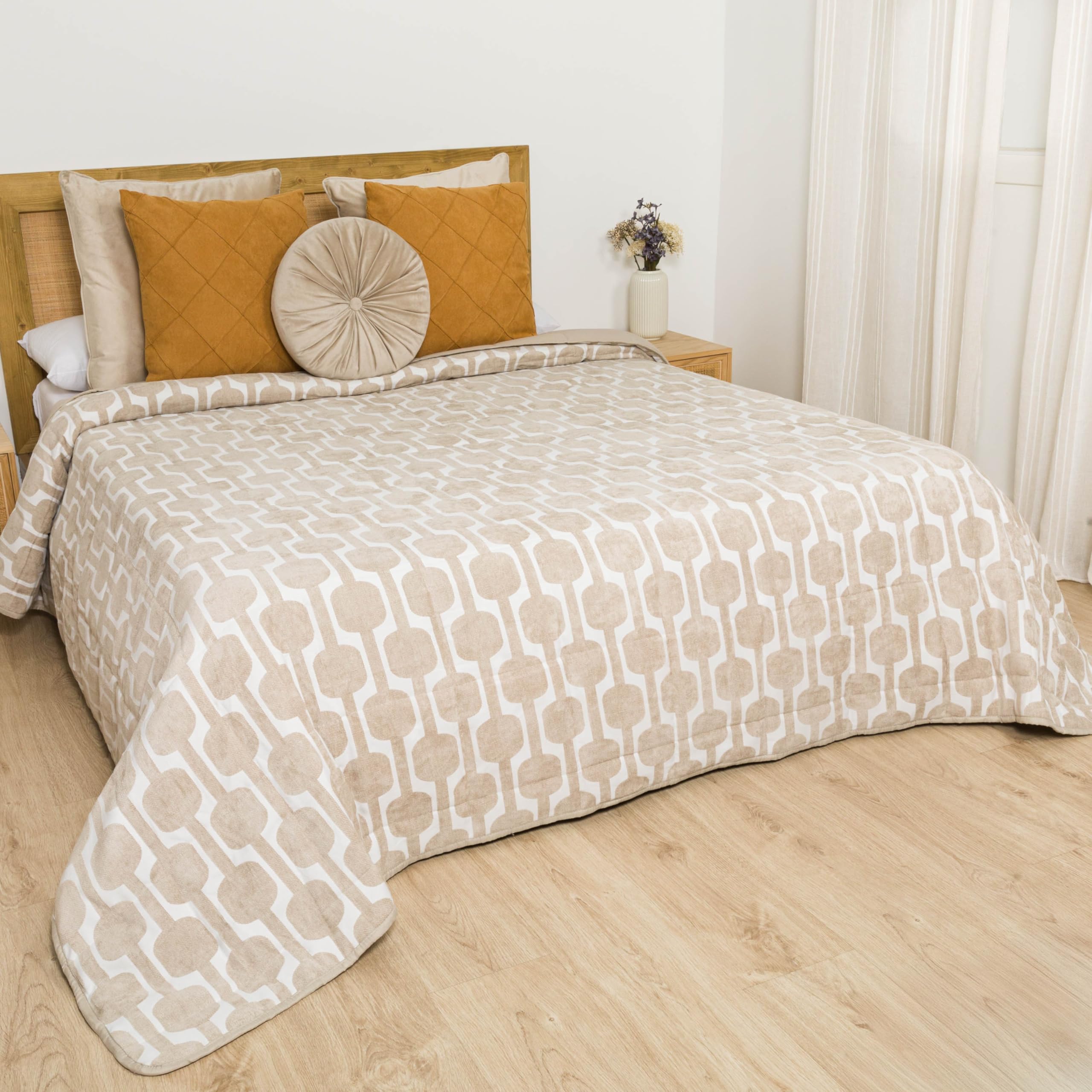 TRAMAS+ Colcha Jacquard Estampada para Cama, Cubrecamas Ligero de Primavera, Verano y Entretiempo - Cama de 135-150 (180x270) - Sunnies Topo