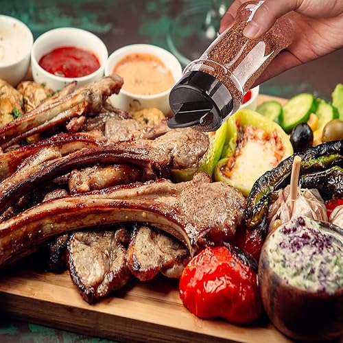 Miniatura 7 de RoyalHouse Paquete de 12 tarros de plástico para especias de 5.5 onzas con tapa negra, recipientes de plástico transparente y seguros con tapas