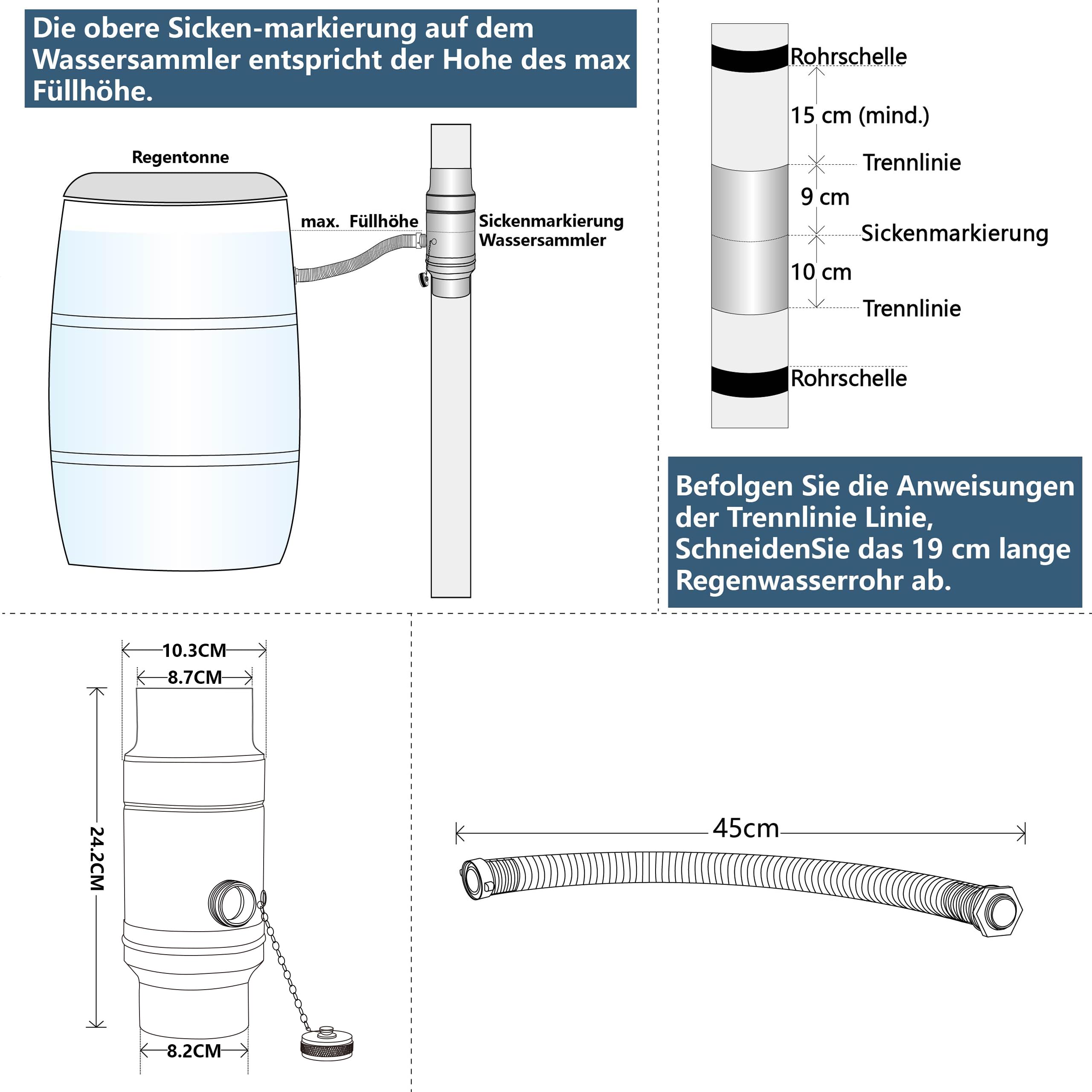 IGarden 87mm Regenwassersammler mit 45cm Schlauch- und Fassanschluss für das Fallrohr,Verzinktem Stahlblech + Aluminium Regensammler doppelwandigem Aufbau,Fallrohre DN87 Wassersammler (87mm)