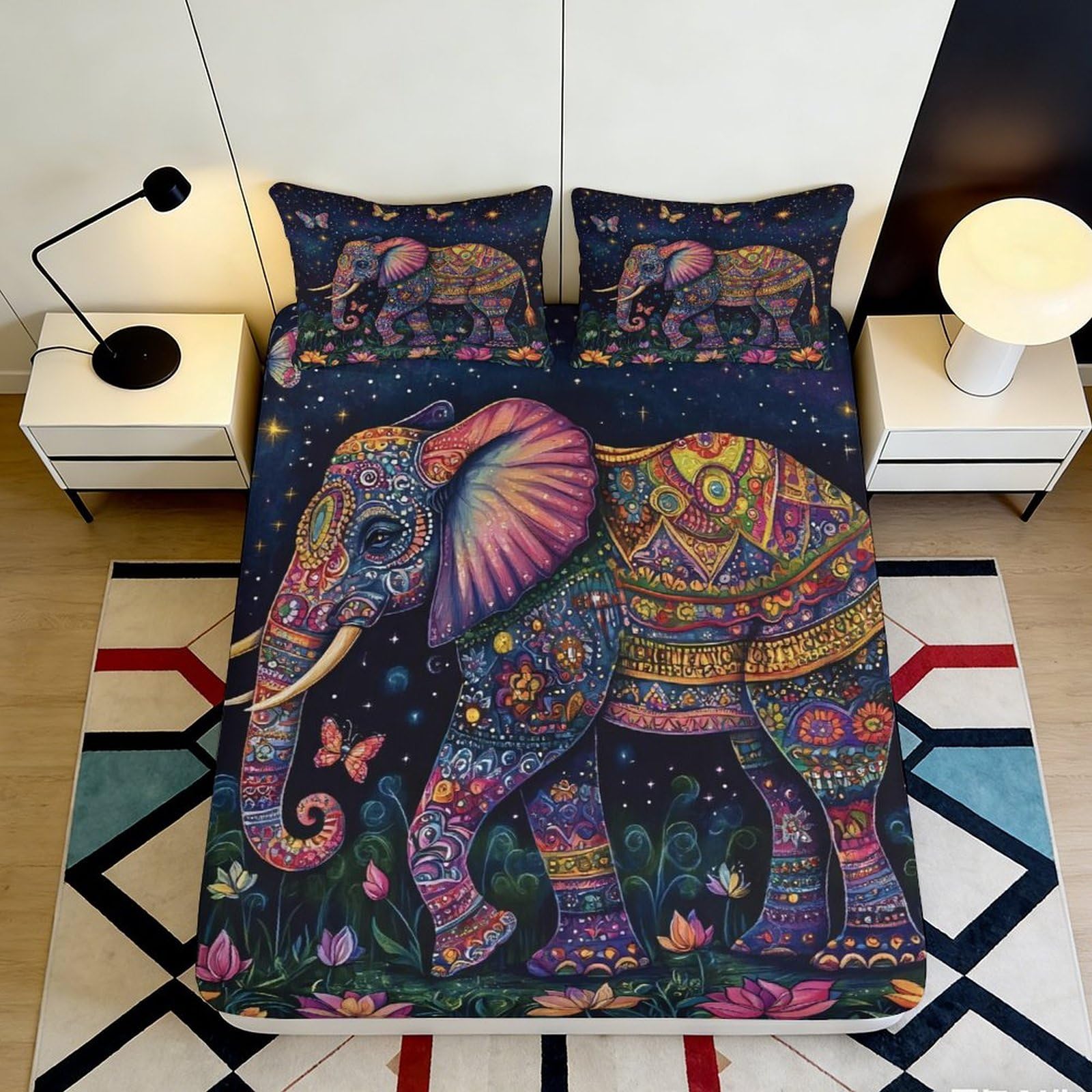 3D Printed Colorful Elephant Fitted Sheet Microfiber Non-slip Mandala Bed Cover for Bedroom Dorm Decor 90x200x25cm
