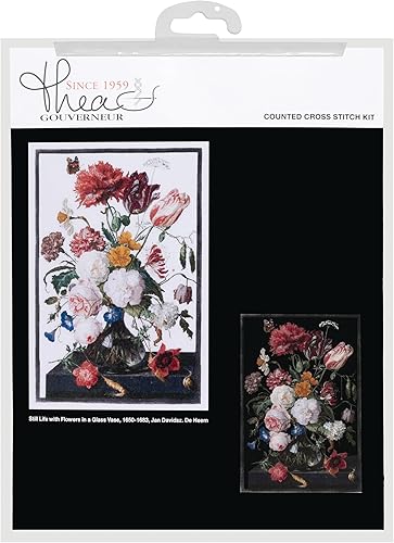 Miniatura 5 de Thea Gouverneur - Kit de punto de cruz contado - Bodegón con flores en un jarrón de vidrio - Aida - 18 unidades - para adultos - 785A