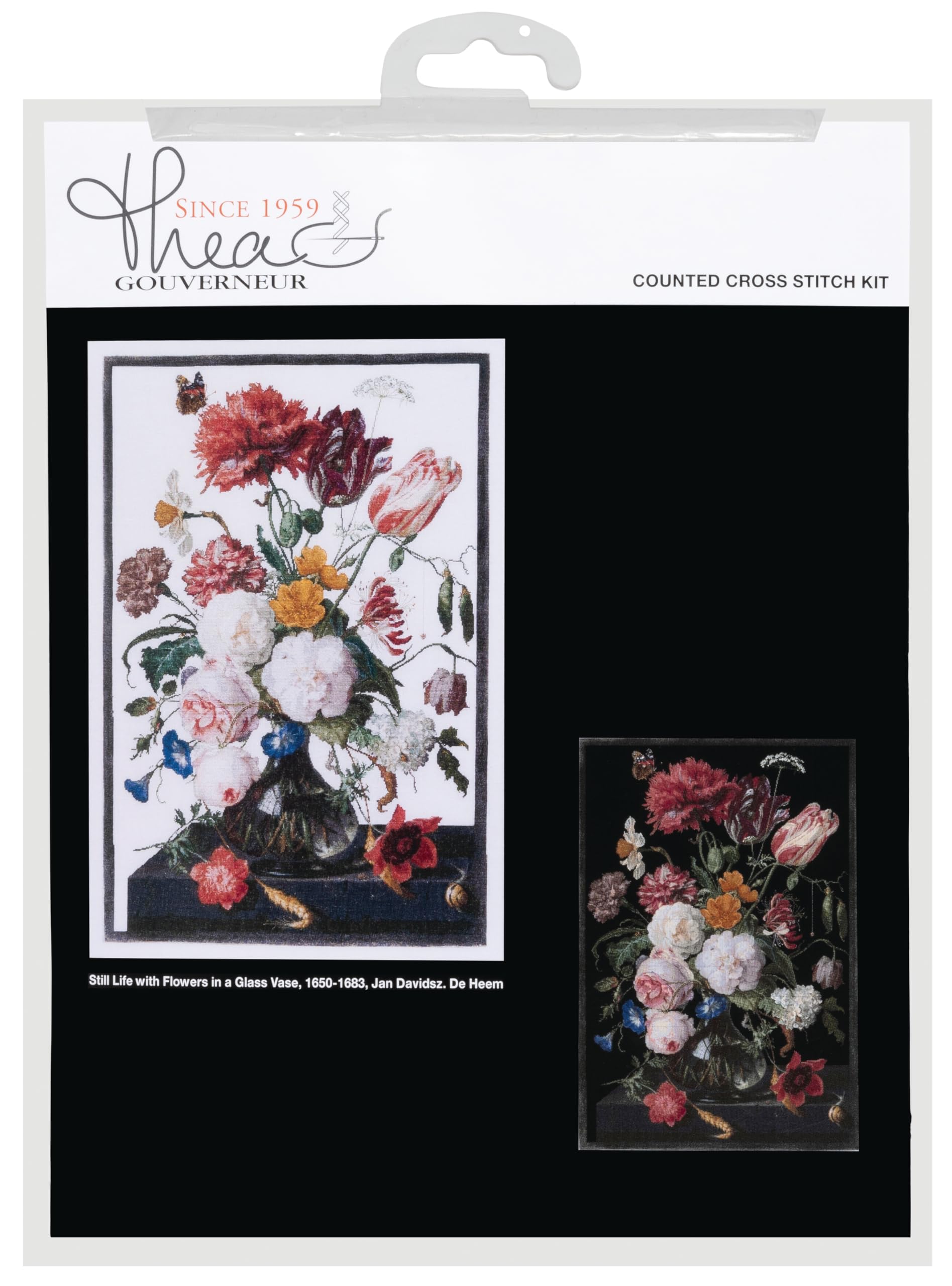 Thea Gouverneur Kit Punto Croce Fiore Giapponese - Tessuto Aida Nero 18 Count, Dimensioni Finali 80x27 Cm, Per Adulti
