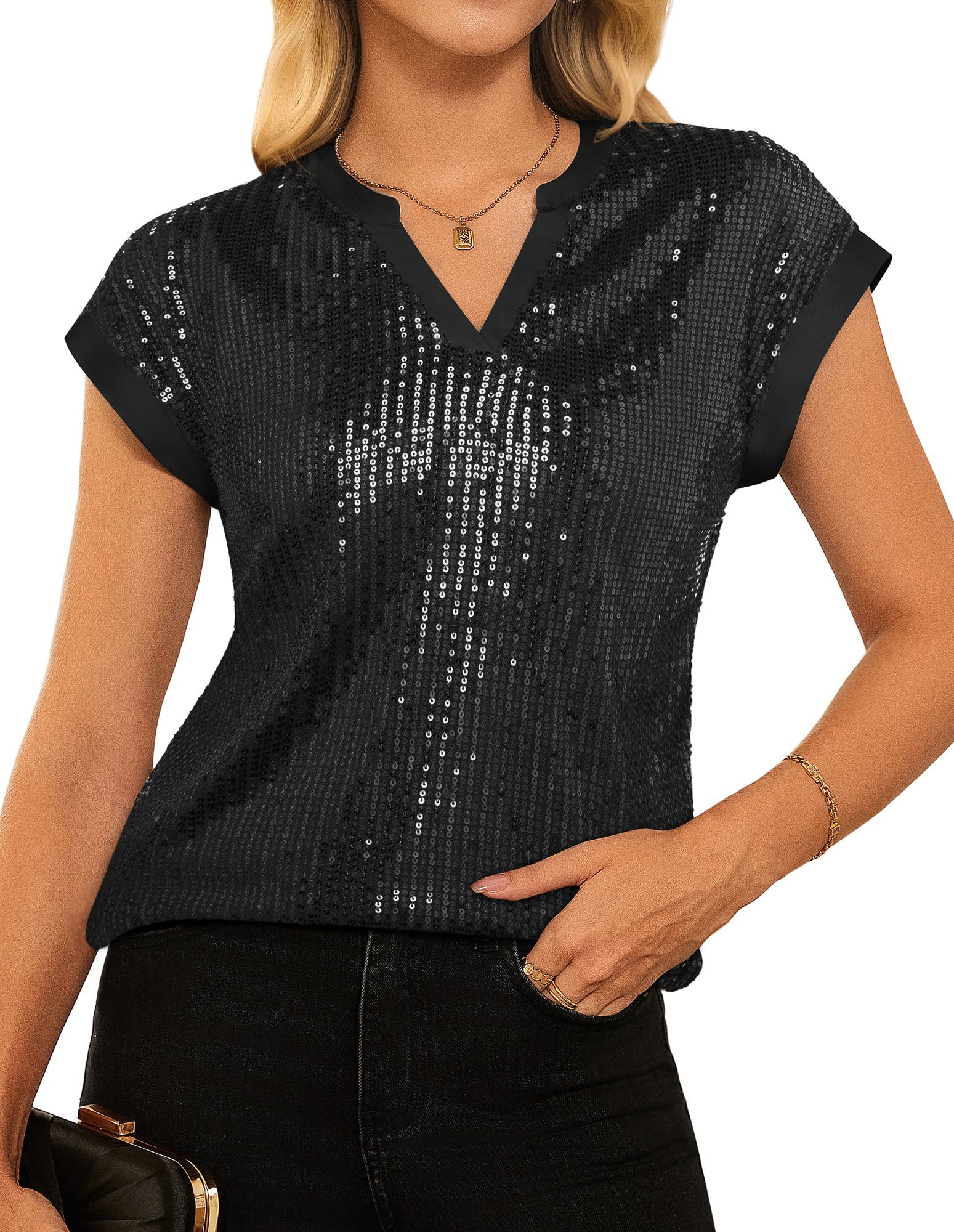 GRACE KARIN Chemisier à paillettes élégant pour femme - Col en V - Manches courtes - Pour fête - Club - Paillettes