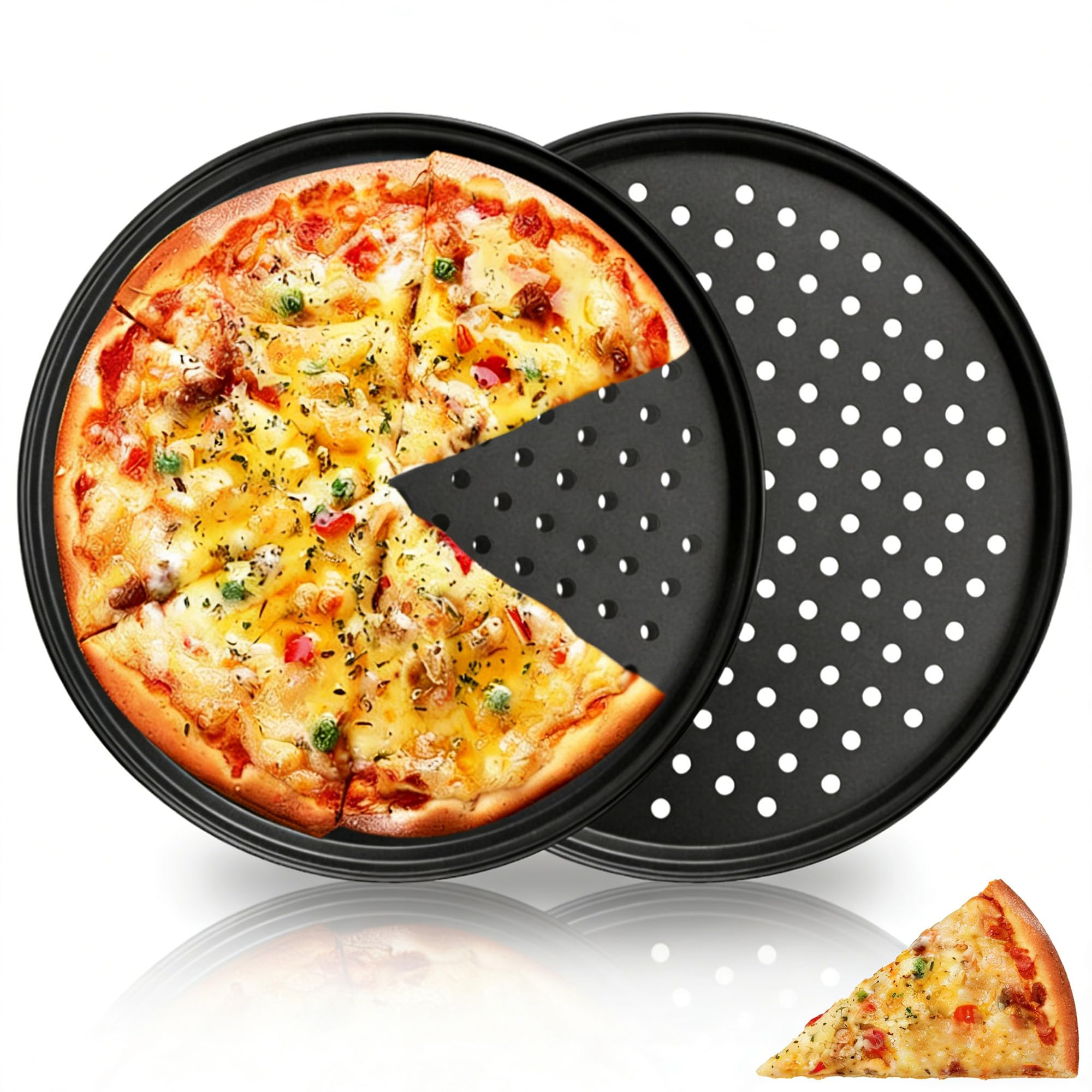 Lot de 2 plateaux à pizza avec trous, plaques à pizza antiadhésives, plaque de cuisson perforée en acier au carbone, plaque de four ronde pour la cuisson, 30 cm