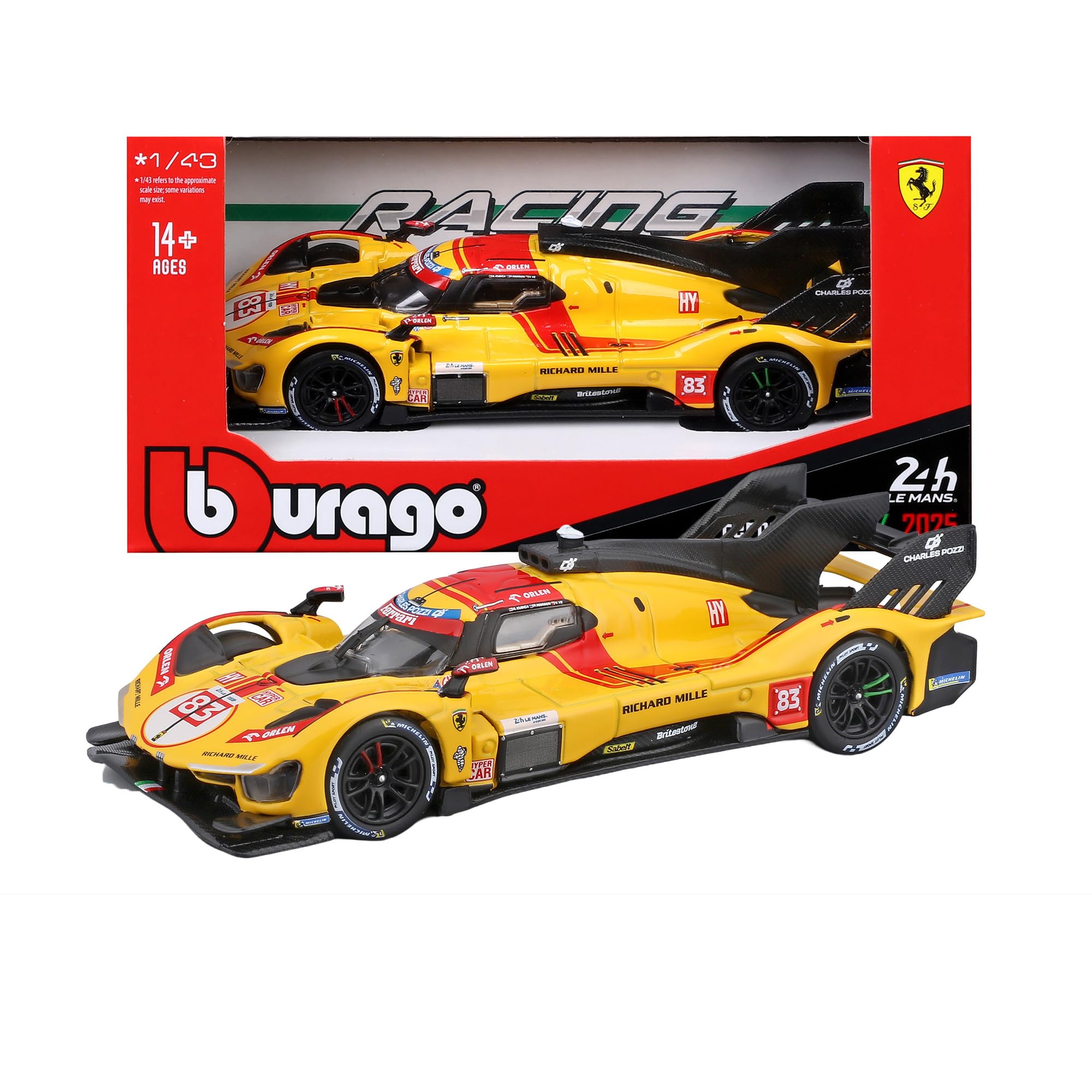 Bburago - Ferrari 499P 24H LE MANS Champion 2025#83, 1:43 Scale Diecast Car, Detailed Replica of the Le Mans Winner, Officially Licensed by Ferrari, Recommended Age 3+ Years