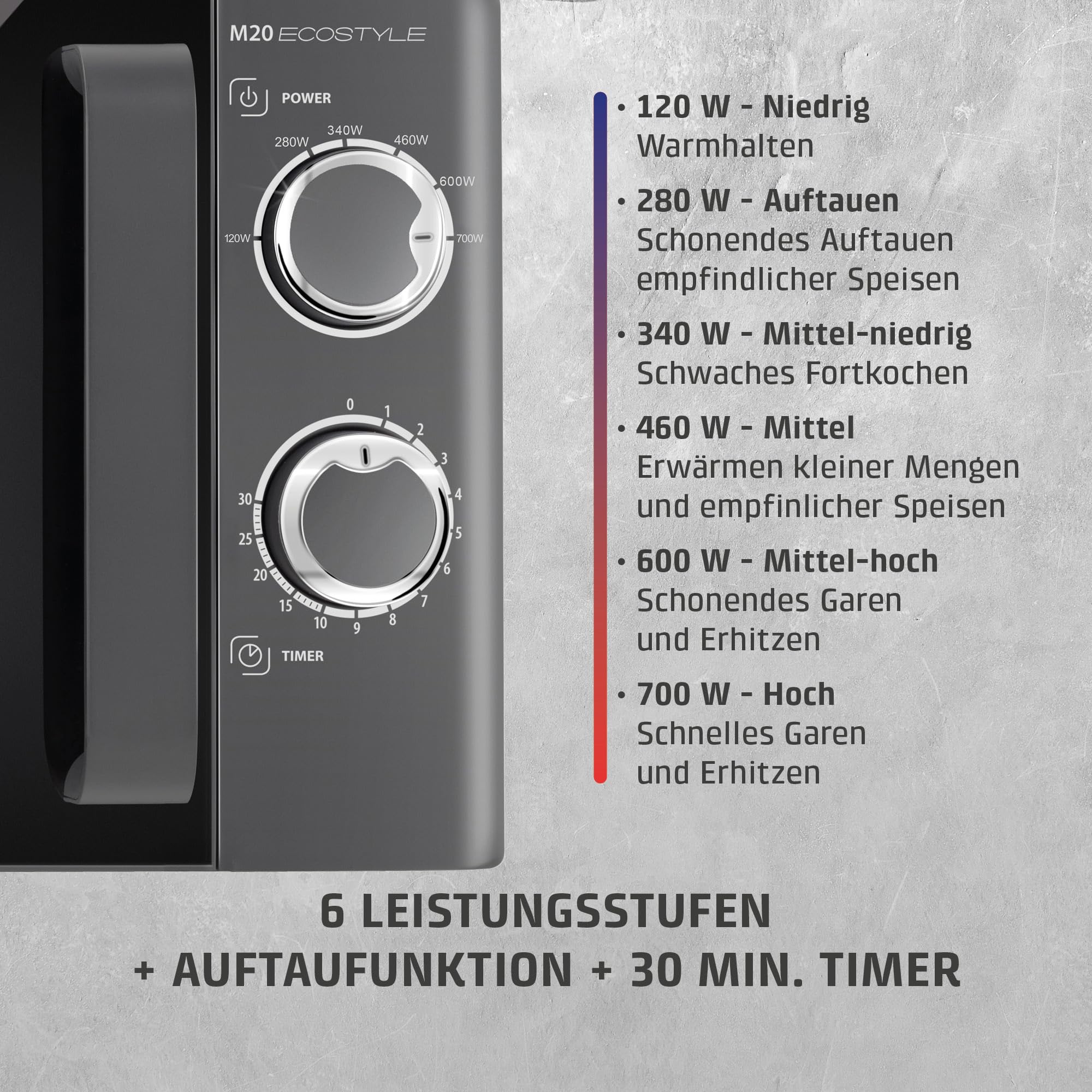 CASO M20 Ecostyle, Mikrowelle, 20 L Garraum, 700 Watt Leistung, anthrazit | einfache Bedienung, Drehteller Ø 24,5cm