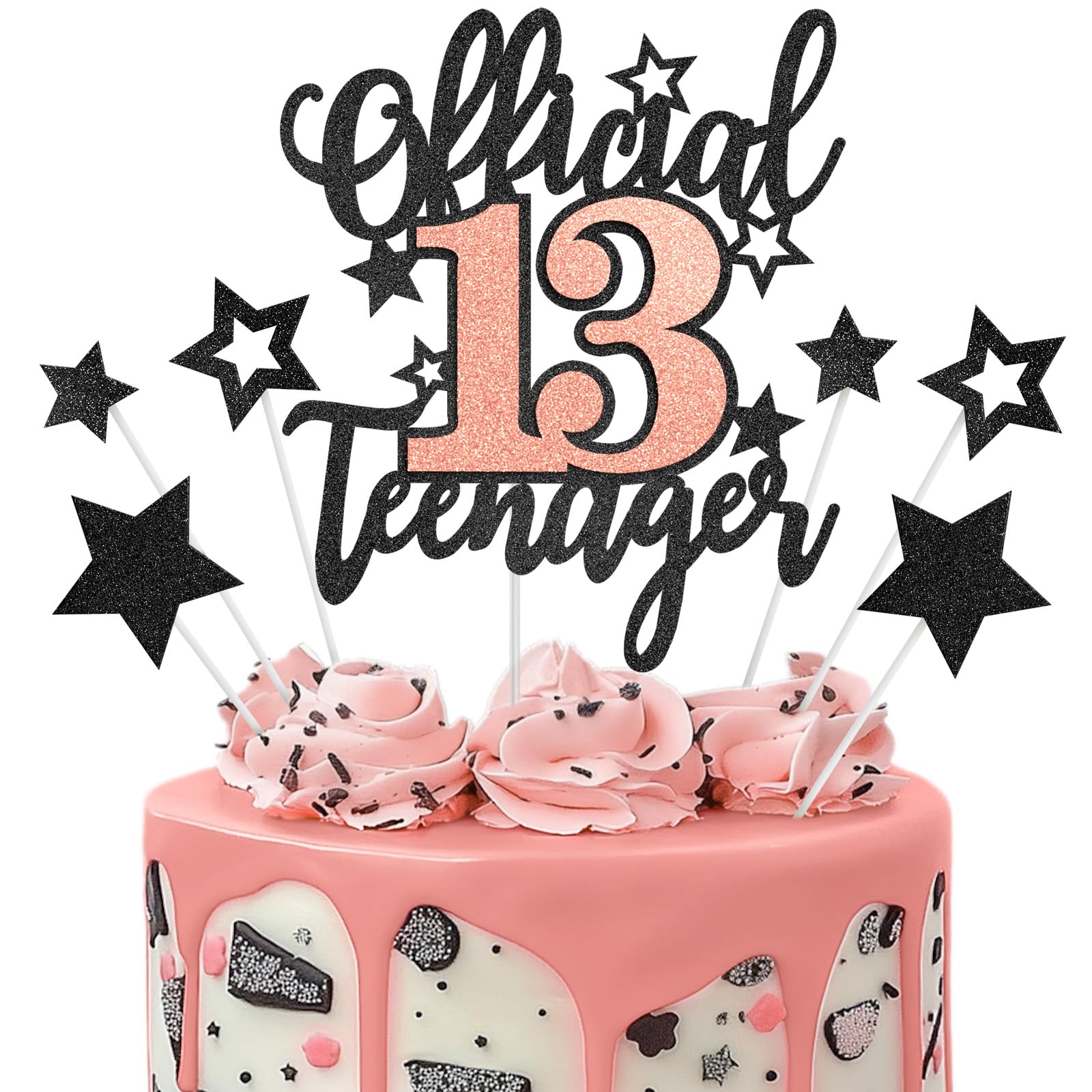 Official Teenager Cake Topper, Black Rose Gold Happy 13th Birthday Cake Topper for Girls, 13 Years Old Birthday Party Glitter Cake Decorations Supplies