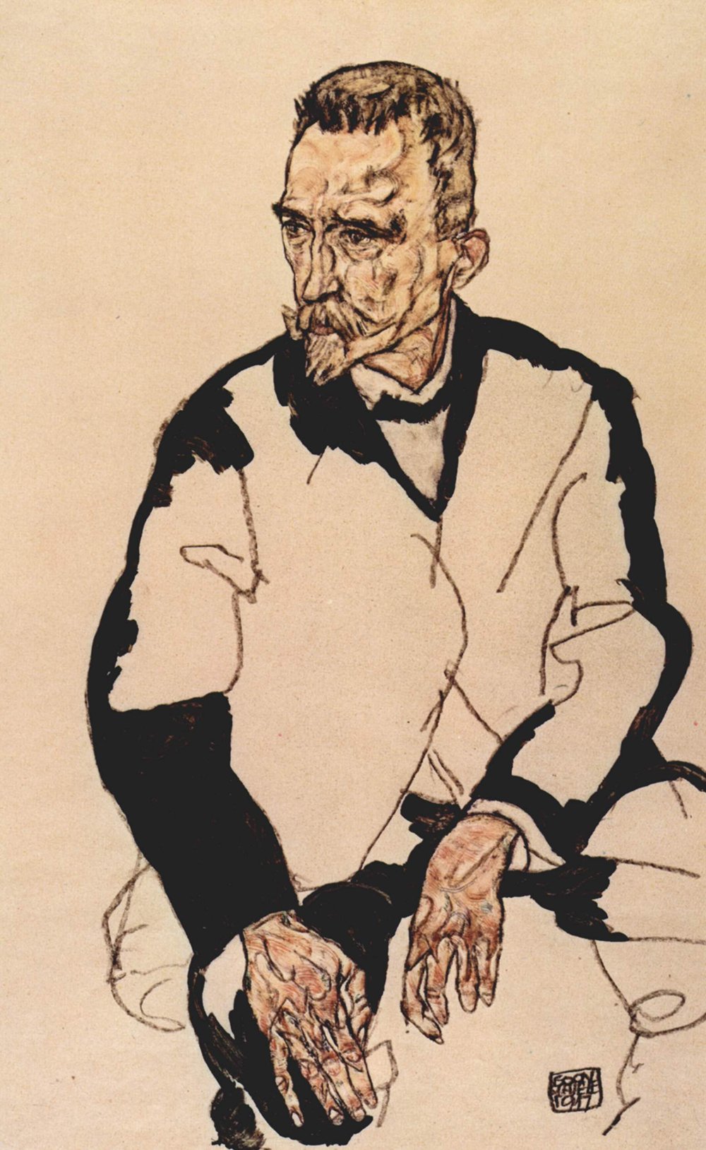 Cuadro expresionista de Egon Schiele Man Looking Over con marco negro y acabado mate pequeño