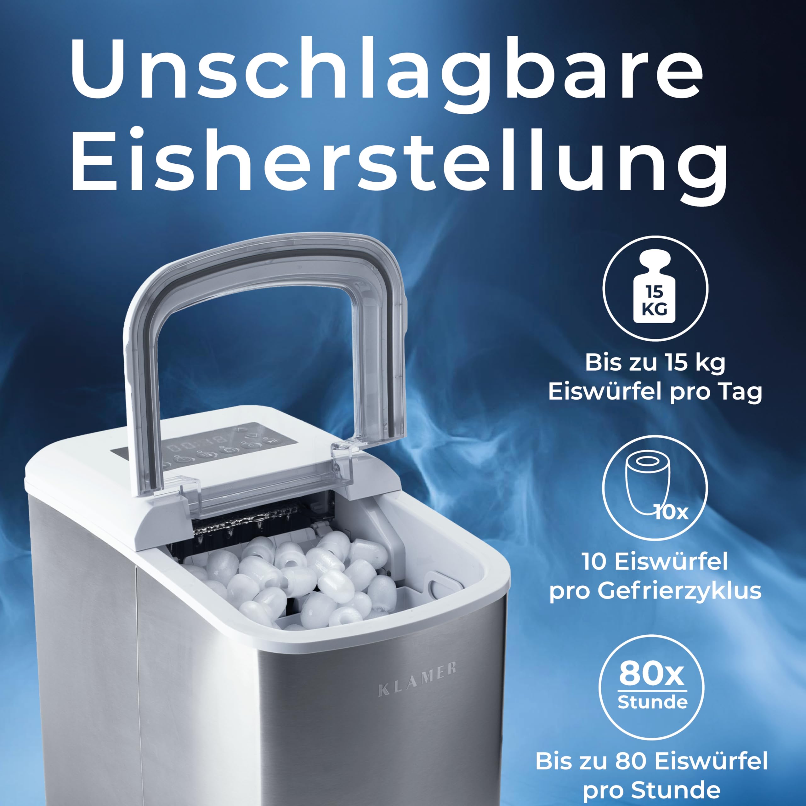 KLAMER Eiswürfelmaschine klein mit Eisschaufel & 2 Eiswürfelgrößen - 10 Eiswürfel in nur 7 Min, 15 kg Eiswürfel pro Tag - leiser Ice Maker mit Timer (Weiss)