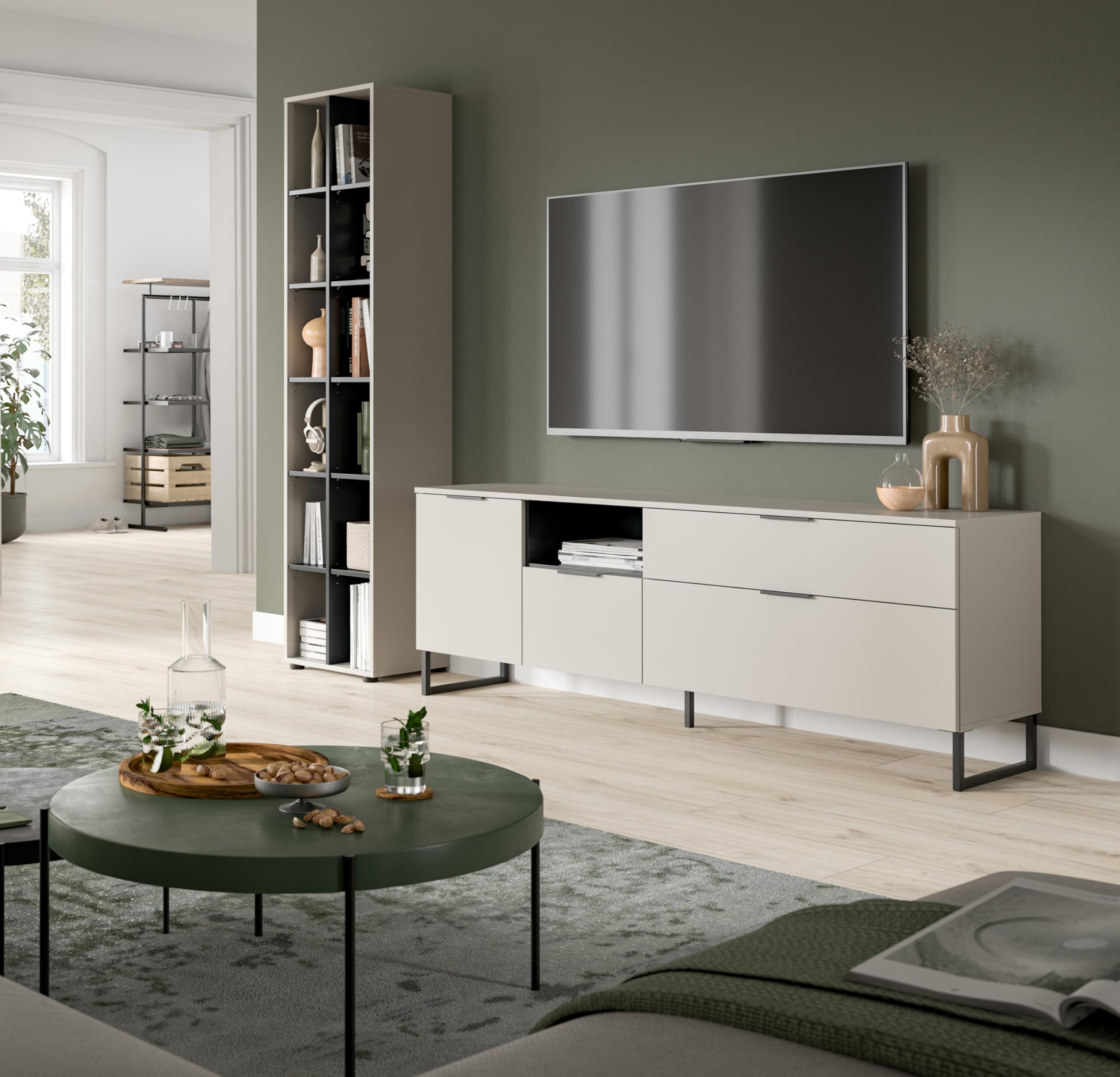 xonox.home – Wohnkombination Noida 245x192x41 cm in Kaschmir Nachbildung und Schwarz – Zeitgemäßes Wohnzimmermöbel-Set mit Stauraum – klar, modern & wohnlich