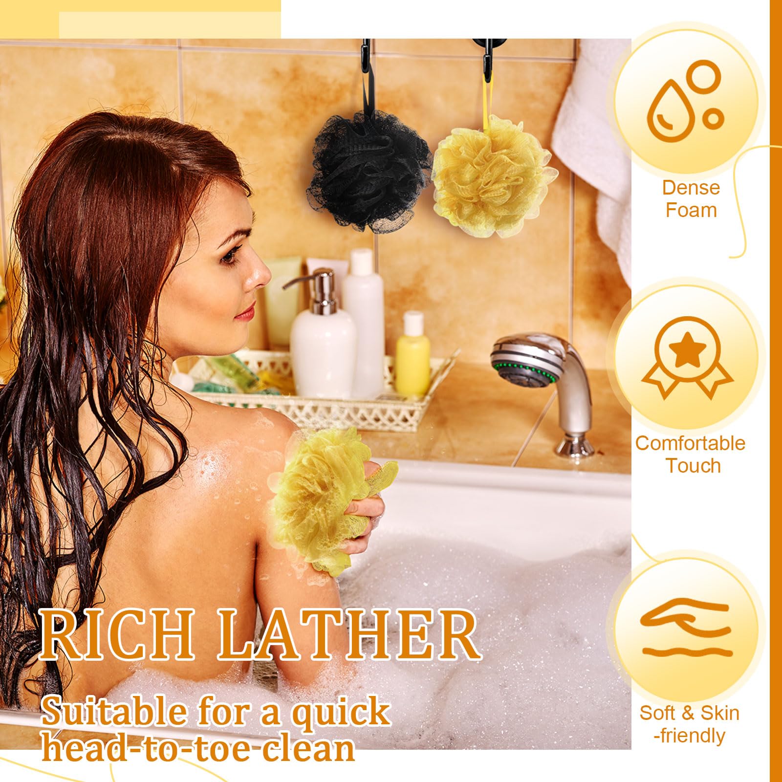 FuWeave 12 esponjas de lufa de baño, exfoliante corporal, esponja de ducha de 50 g, juego de regalo para mujeres y hombres, accesorios de baño (dorado y negro)