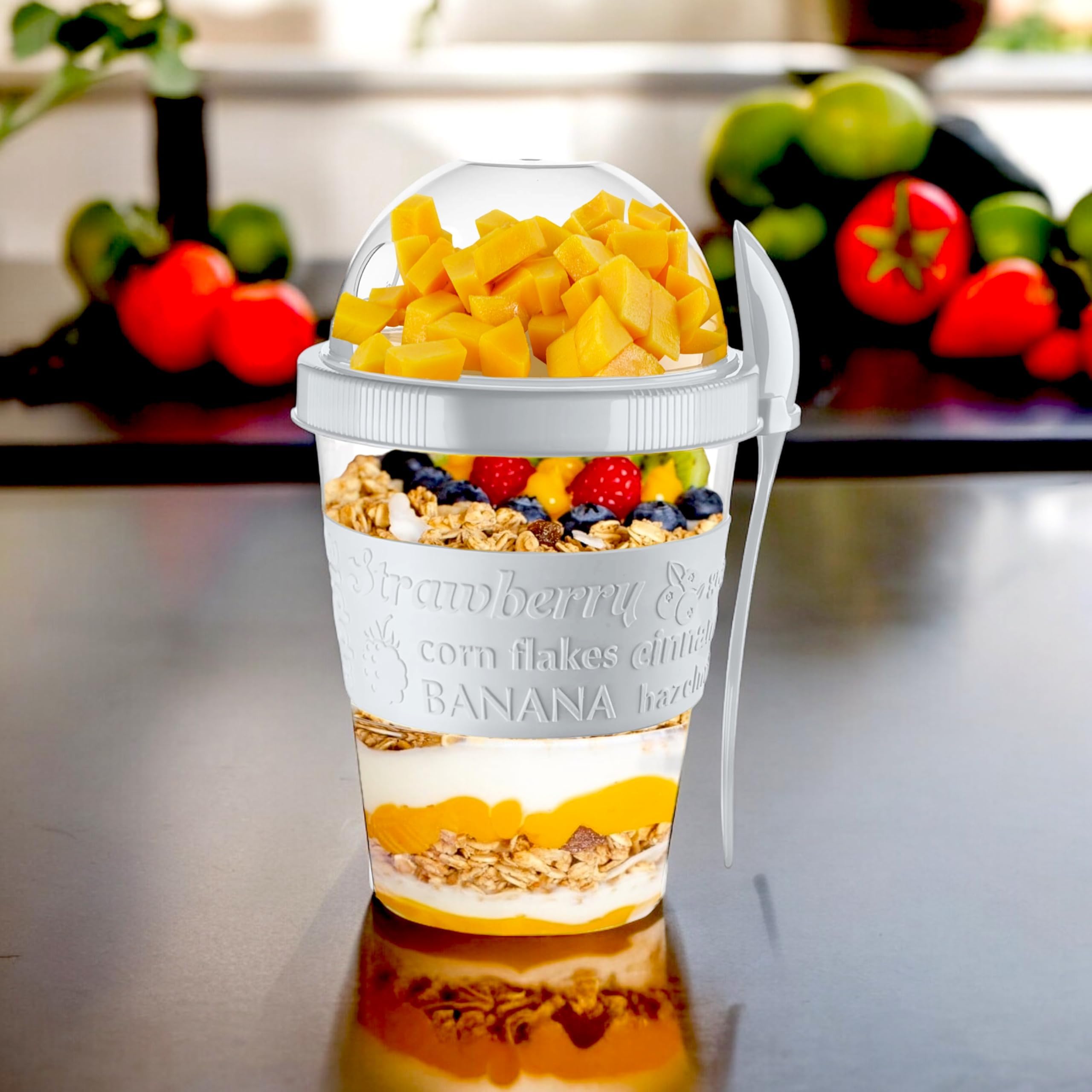 4All Ash Grey Yogurt Pots 20Oz With Spoon Reuseable 600Ml Museli Cup Cereal Containers Storage With Lid Airtight Overnight Oats Jar Bpa Free Breakfast Cup Cereal On The Go Dishwasher Safe (Ash Grey)