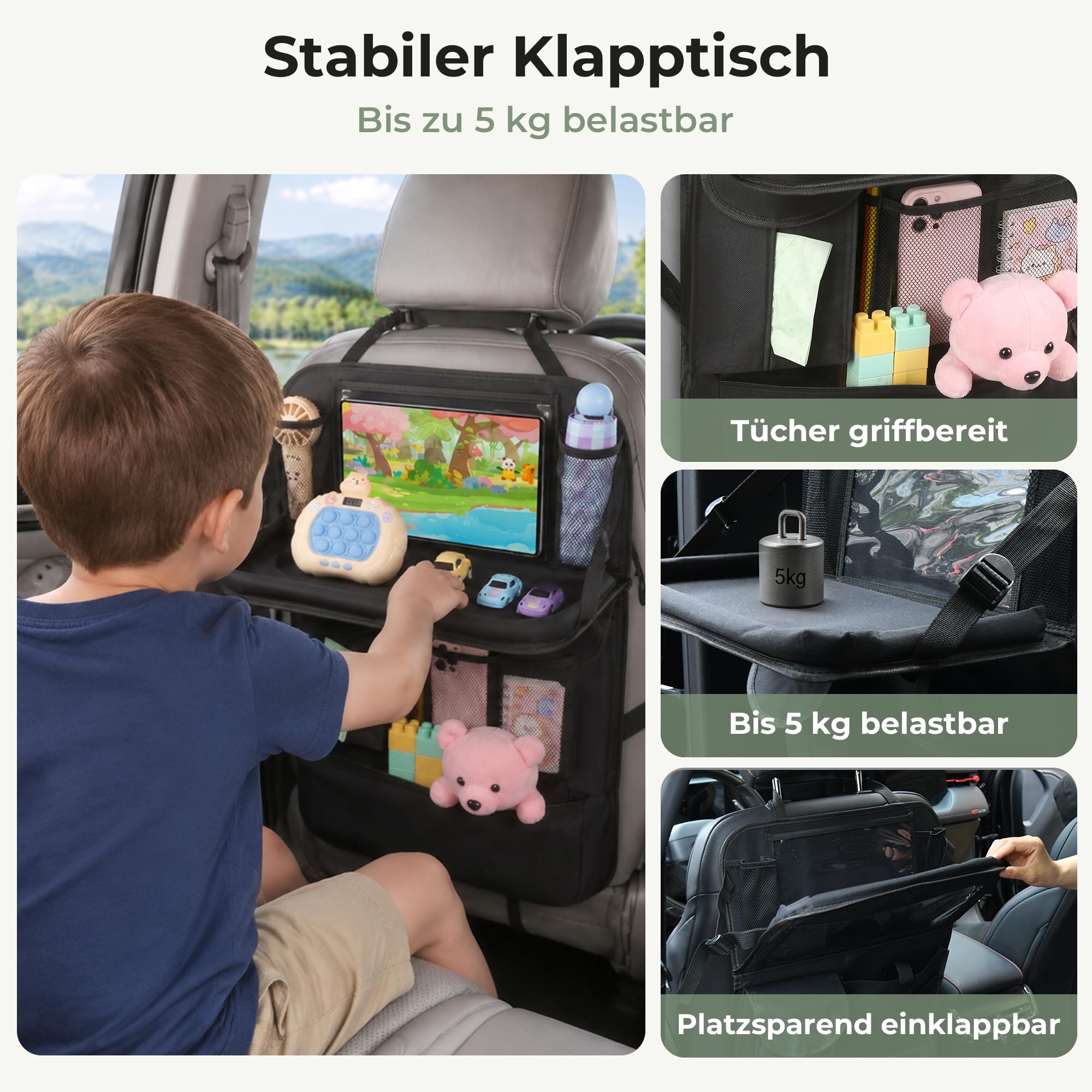 Auto Organizer Rücksitz, 2 Stück, 7 Fächer, Tücherbox, Klapptisch | Unteres Reißverschlussfach, Kleinteile sicher verstaut, sauberer Fußraum