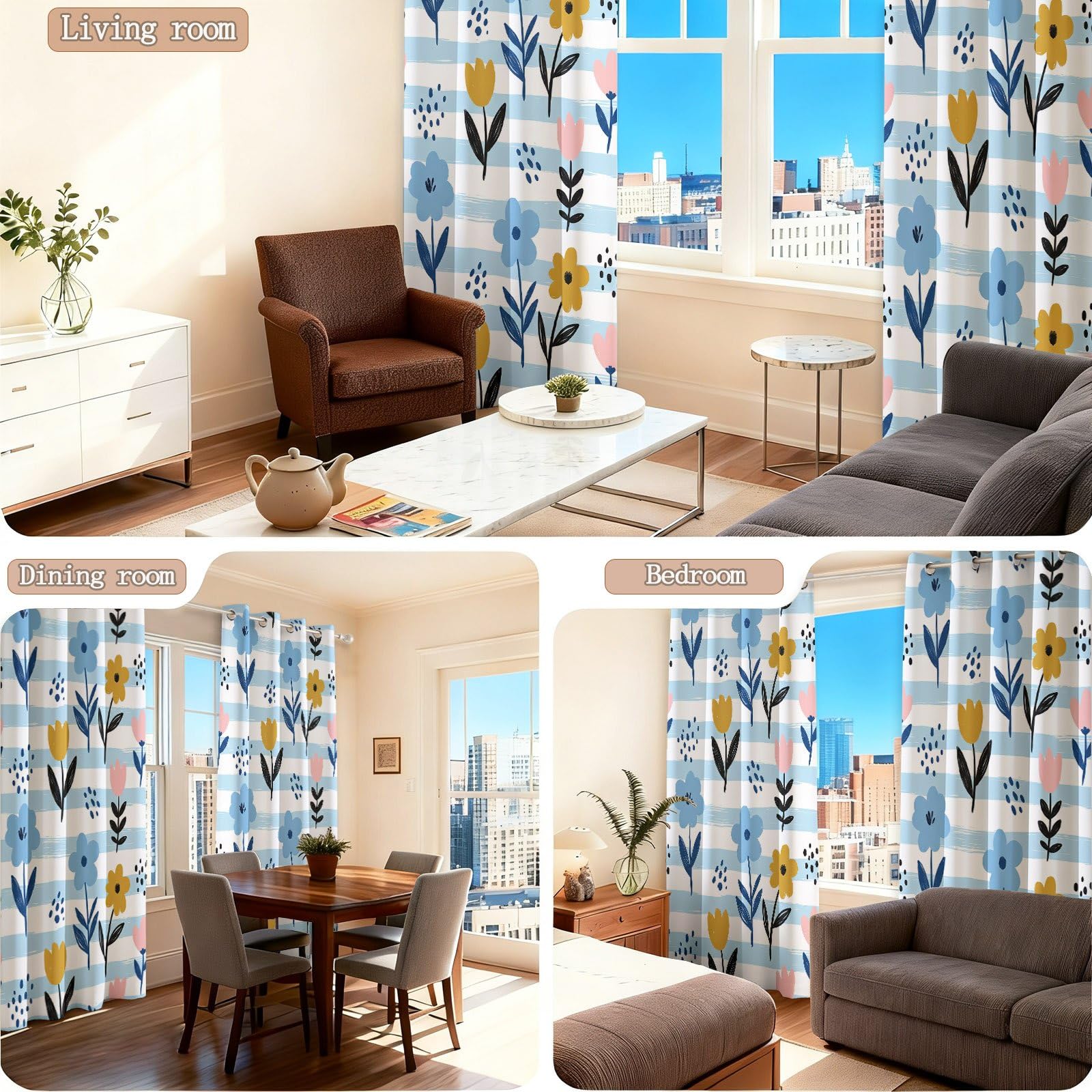 Ländlich Bohème Verdunkelungsvorhänge für Schlafzimmer Wohnzimmer, Pflanzen Blumen Streifen Blau Weiß Wärmeisolierte Vorhänge mit Ösen, Fenstervorhänge Dekoration, H 220 x B 140 cm (2er Pack)