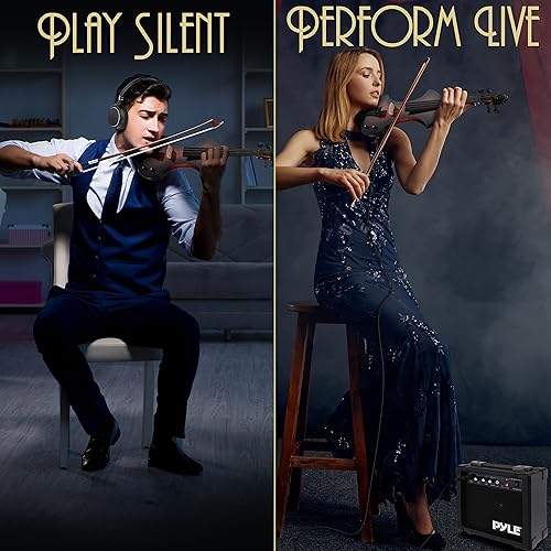 Vista 19 de Pyle Kit de violín eléctrico de tamaño completo, violín silencioso de madera maciza 4/4 con estuche rígido, arco, accesorios de ébano y sintonizador