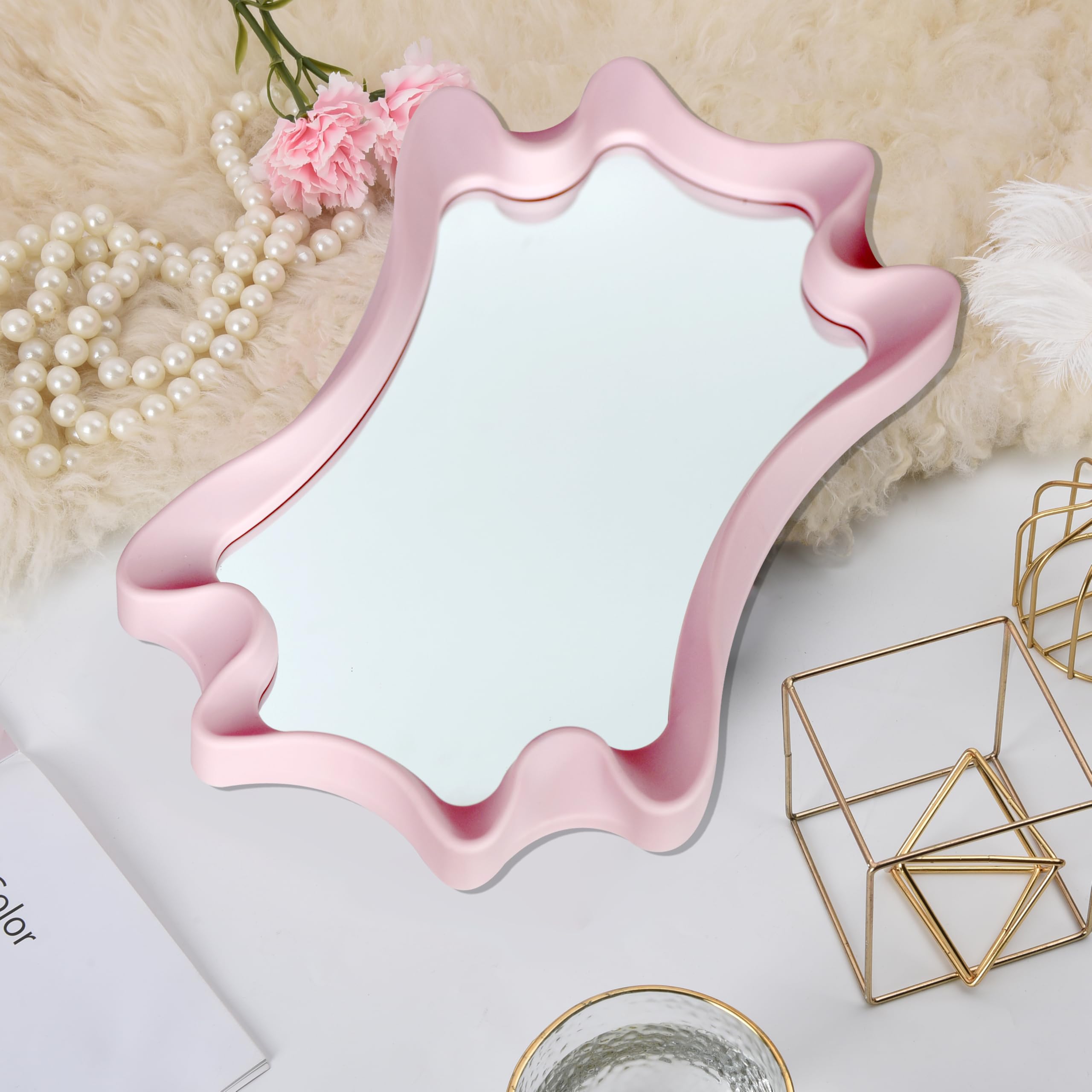 Miroir Mural Rose à Cadre Ondulé - 40,1 X 30 Cm - Design Irrégulier Et Romantique Pour Chambre Ou Entrée