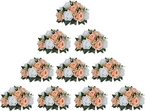 Miniatura 153 de BLOSMON Centros de mesa de flores para mesas de boda: 10 piezas de rosas artificiales rojas carmesí decoración de bolas - 9.5 pulgadas de seda falsa
