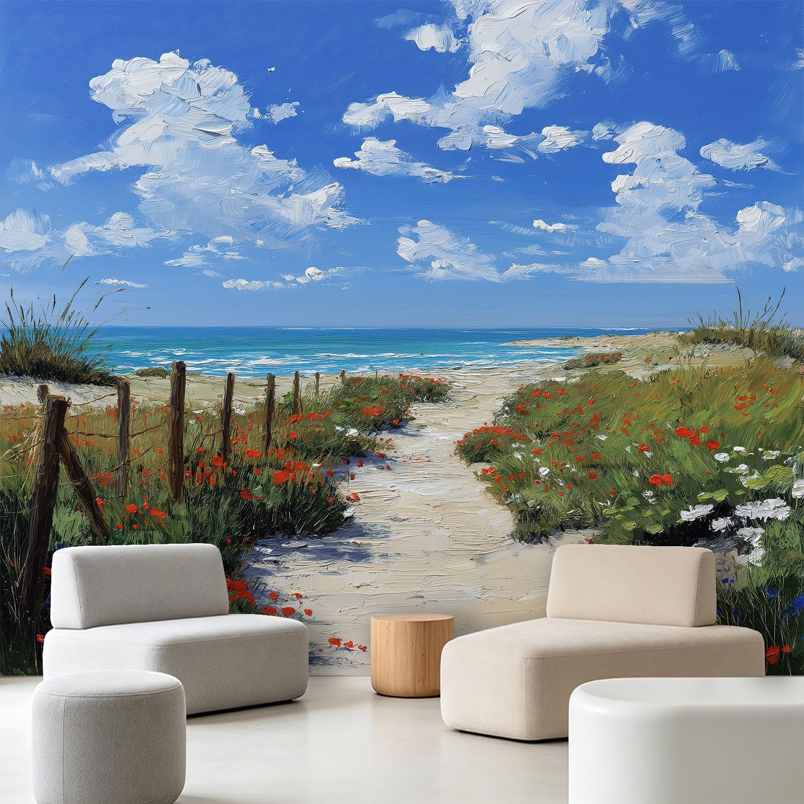 Panoramiczna tapeta z włókniny w stylu wiejskim wybrzeża, do sypialni i salonu, fototapeta malarstwo kwiaty rośliny łąka plaża niebo chmury dekoracja ścienna 200 x 140 cm