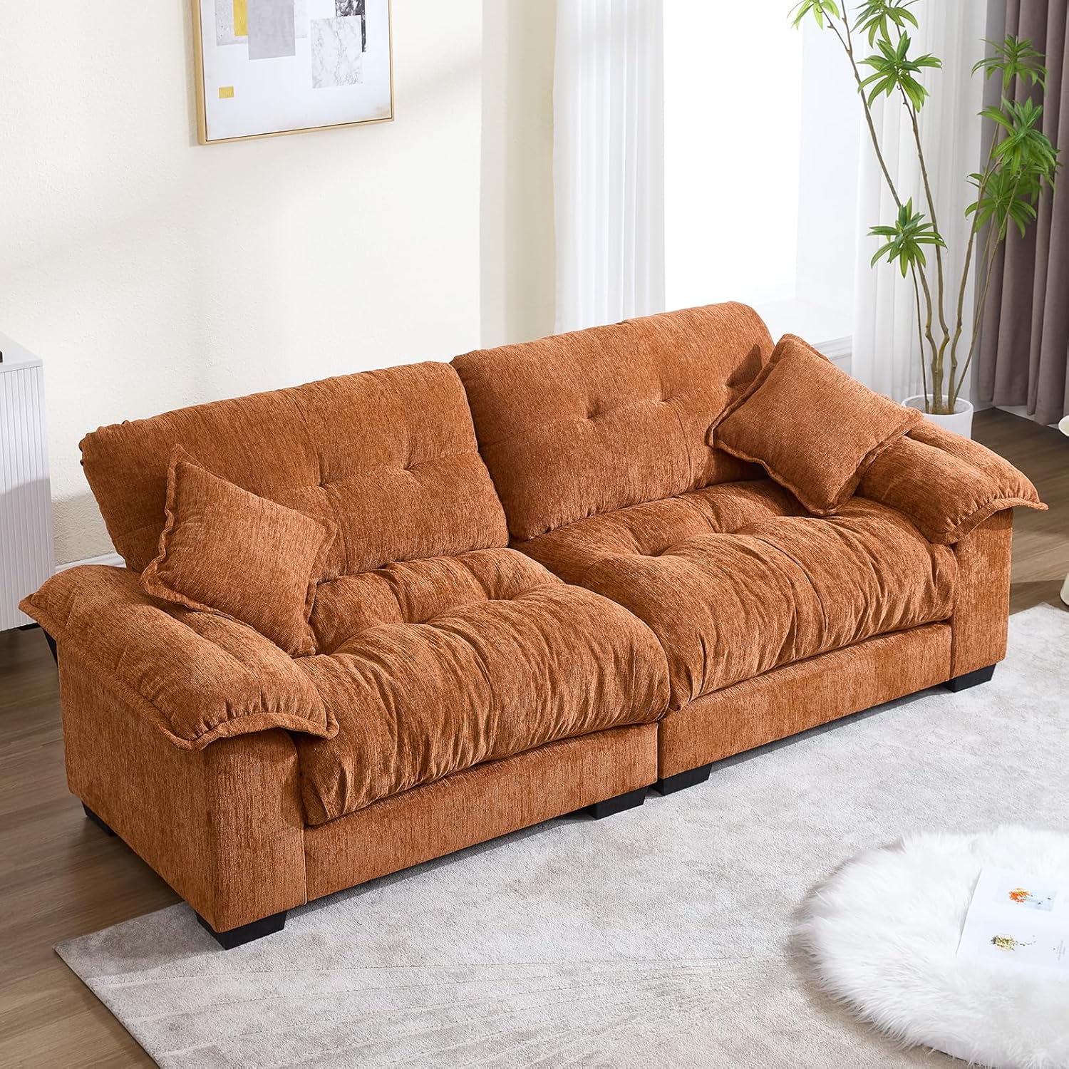KIVENJAJA 90.5”W Oversized Cloud Loveseat Sofa, Modern Chenille Tufted Deep Seat Sectional Couch, Overstuffed Comfy Love seat with Pillows for Living Room Apartment Small Space, Orange
