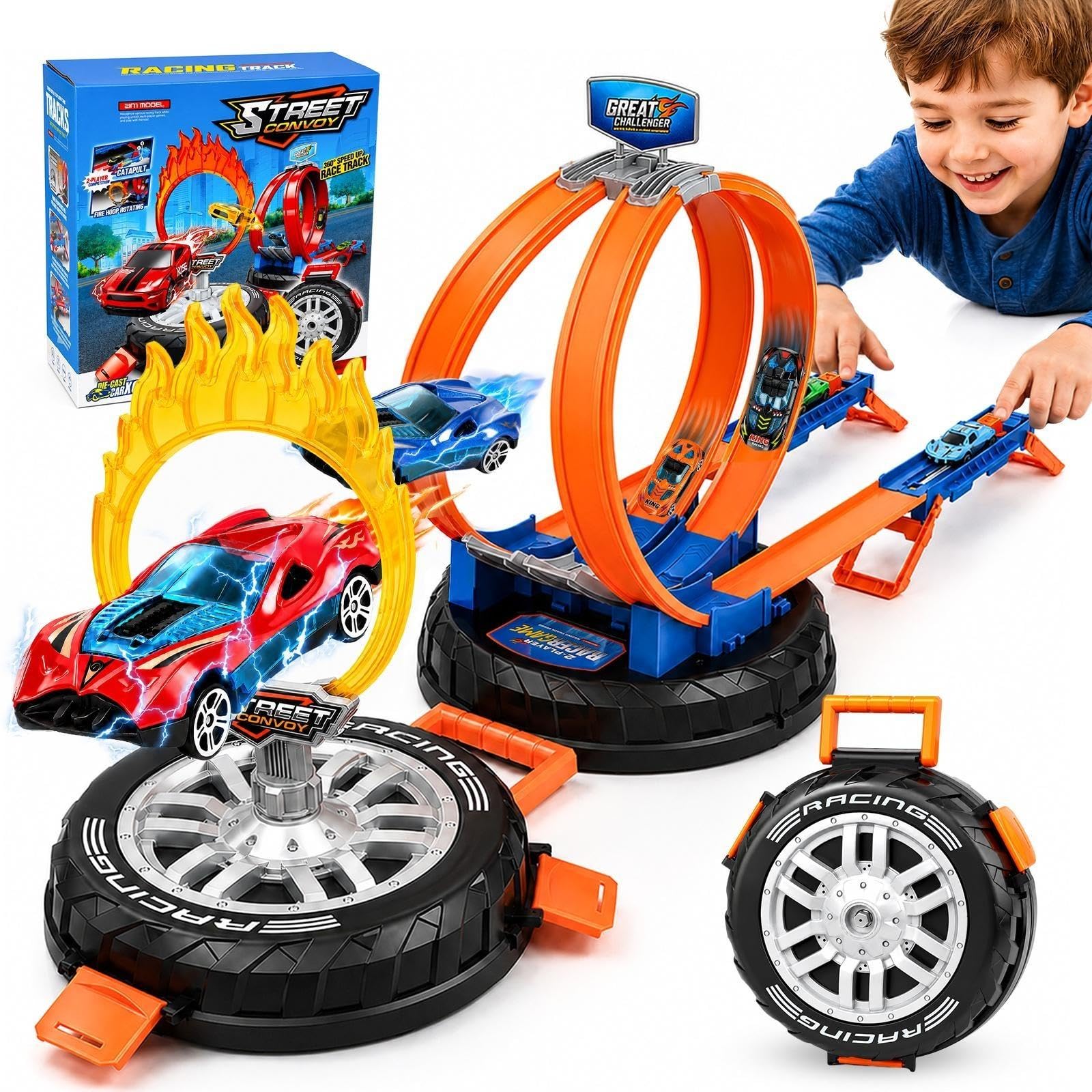 Kids Race Track Toy with 6 Cars Dual Launcher Car Track with 360° Loops & Rotating Fire Hoop 2-in-1 Tyre Storage Racing Track Set Toys for Boys Ages 3-8 Birthday