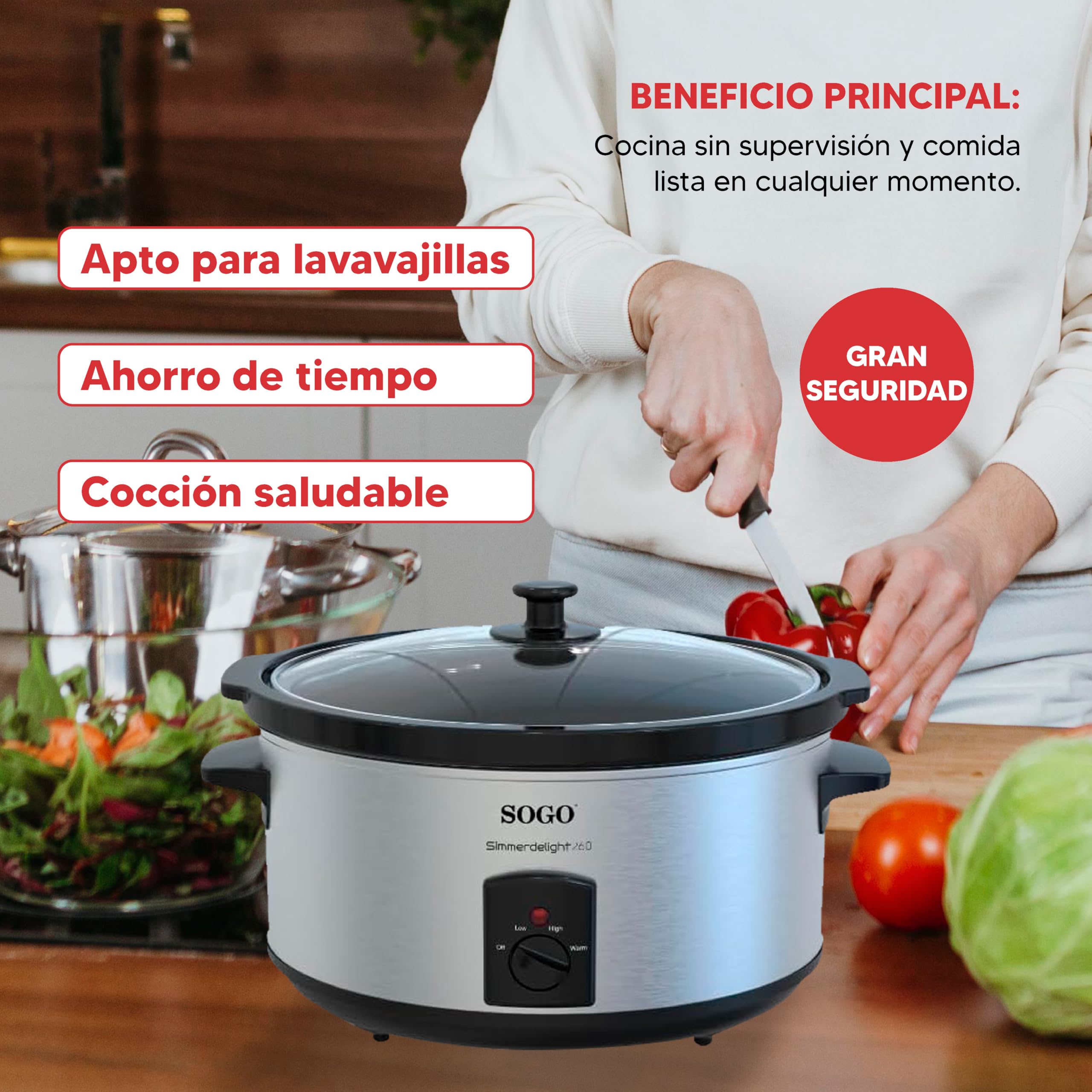 Sogo Pentola a cottura lenta da 5,5 l con 3 funzioni di cottura – Pentola da cucina elettrica con coperchio in vetro temperato per controllo – Pentola da cucina adatta per lavastoviglie con manico