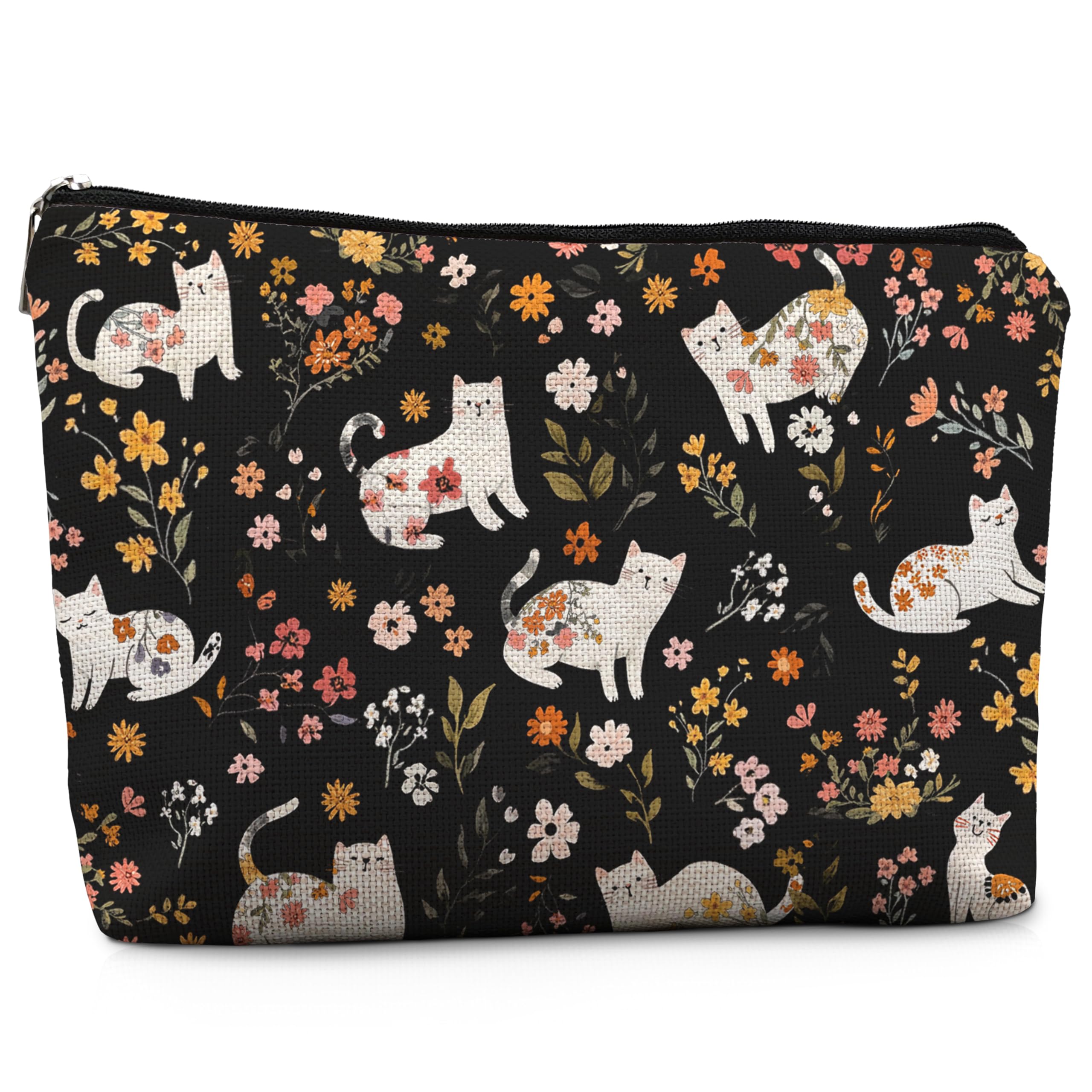 Floral White Cat Makeup Bag Cat Lover Lady Mom Grandma Gifts Cosmetic Bags for Women Rustic Flower Aesthetic