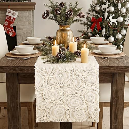 Miniatura 7 de Camino de mesa navideño: Camino de mesa bohemio blanco con patrones florales, caminos de granja de felpa de piel sintética para el hogar, cocina,