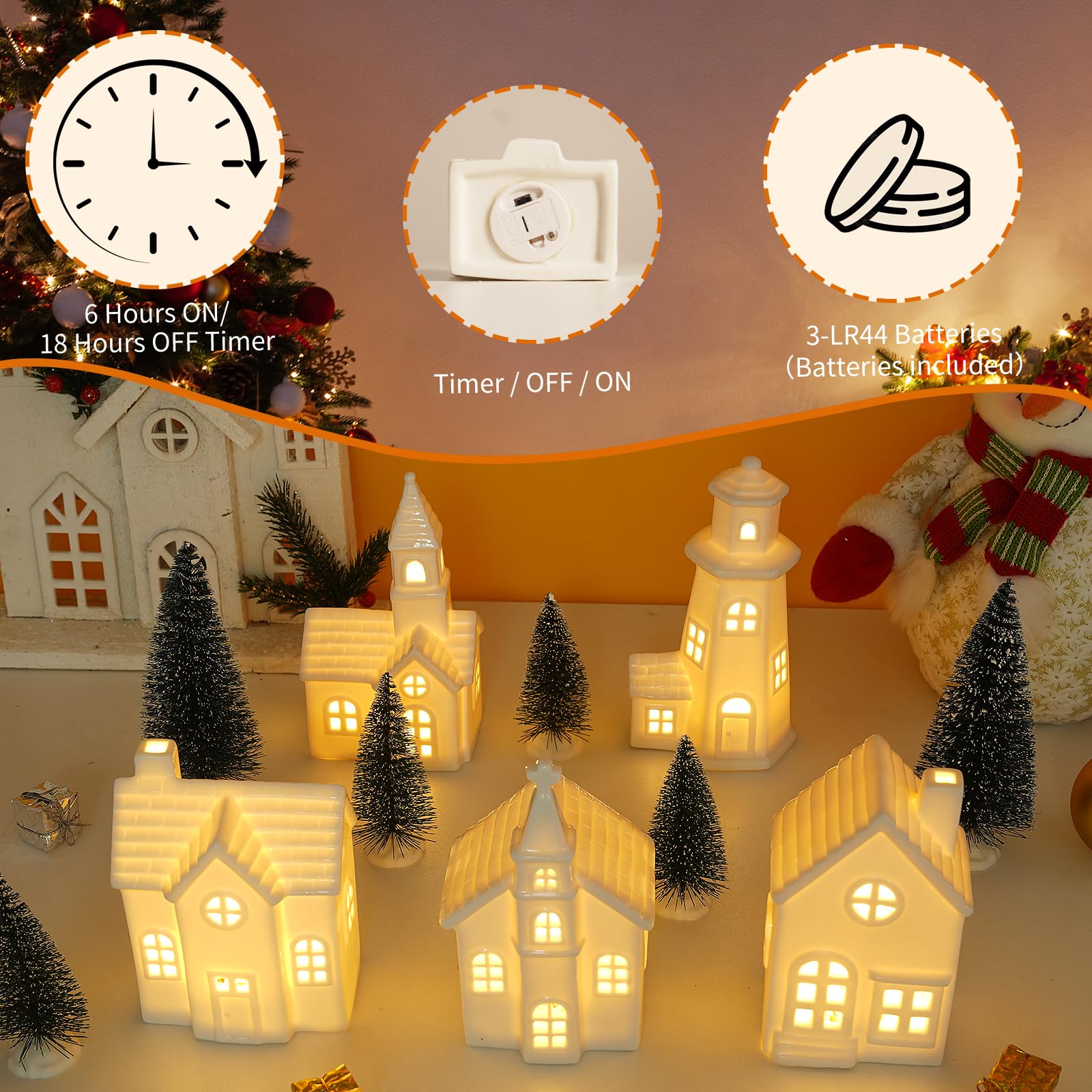 Weihnachtsdorfhäuser aus Keramik, beleuchtetes Weihnachtsdorf-Set mit Timer, Porzellan, Weihnachtsdorf-Sets, Keramikhäuser und Dörfer für Weihnachtsfiguren, Heimdekoration, 11 Stück