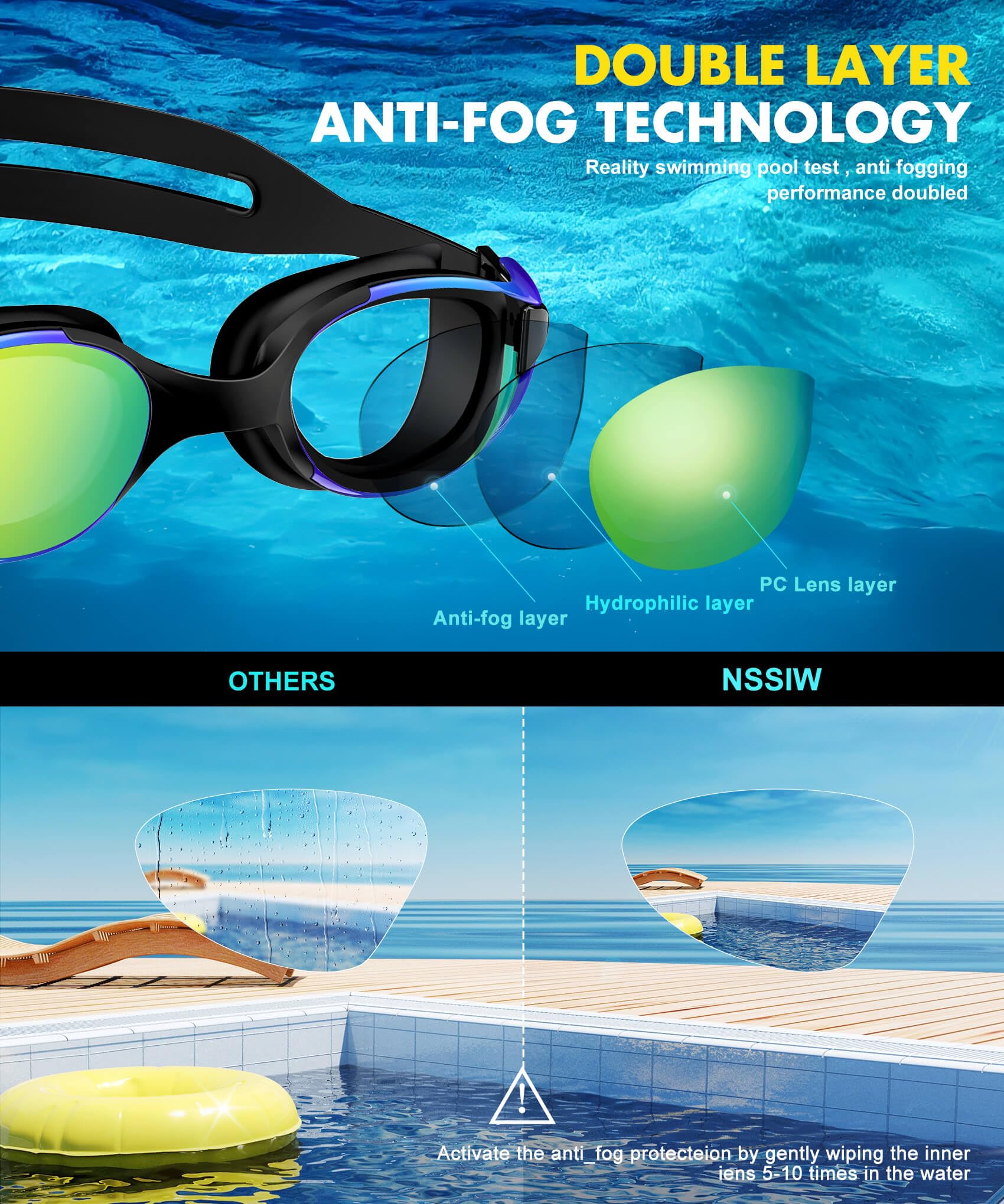 NSSIW Gafas de natación para adultos: antivaho con protección UV400, sin fugas, para hombres y mujeres, paquete de 3