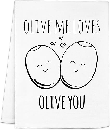 Funny Kitchen Towel, Olive Me Loves Olive You, Flour Sack Dish Towel, Sweet Housewarming Gift, White