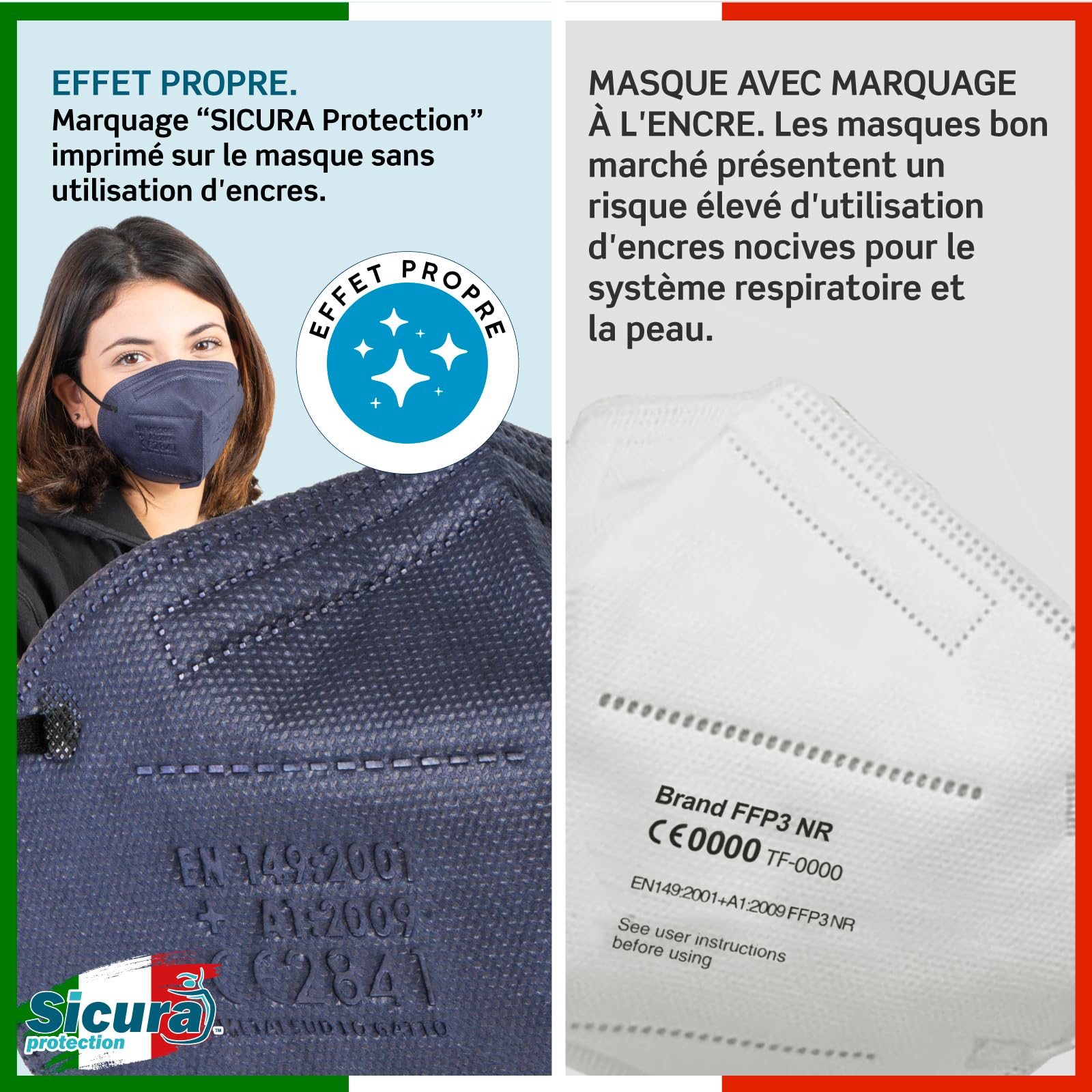 50x Masque FFP3 Bleu élastiques noirs certifié CE fabriqué en Italie Haute Filtration Plus élevée BFE ≥99% PFE≥99% Masques 50 pièces Scellés Individuellement UV-C Désinfectez