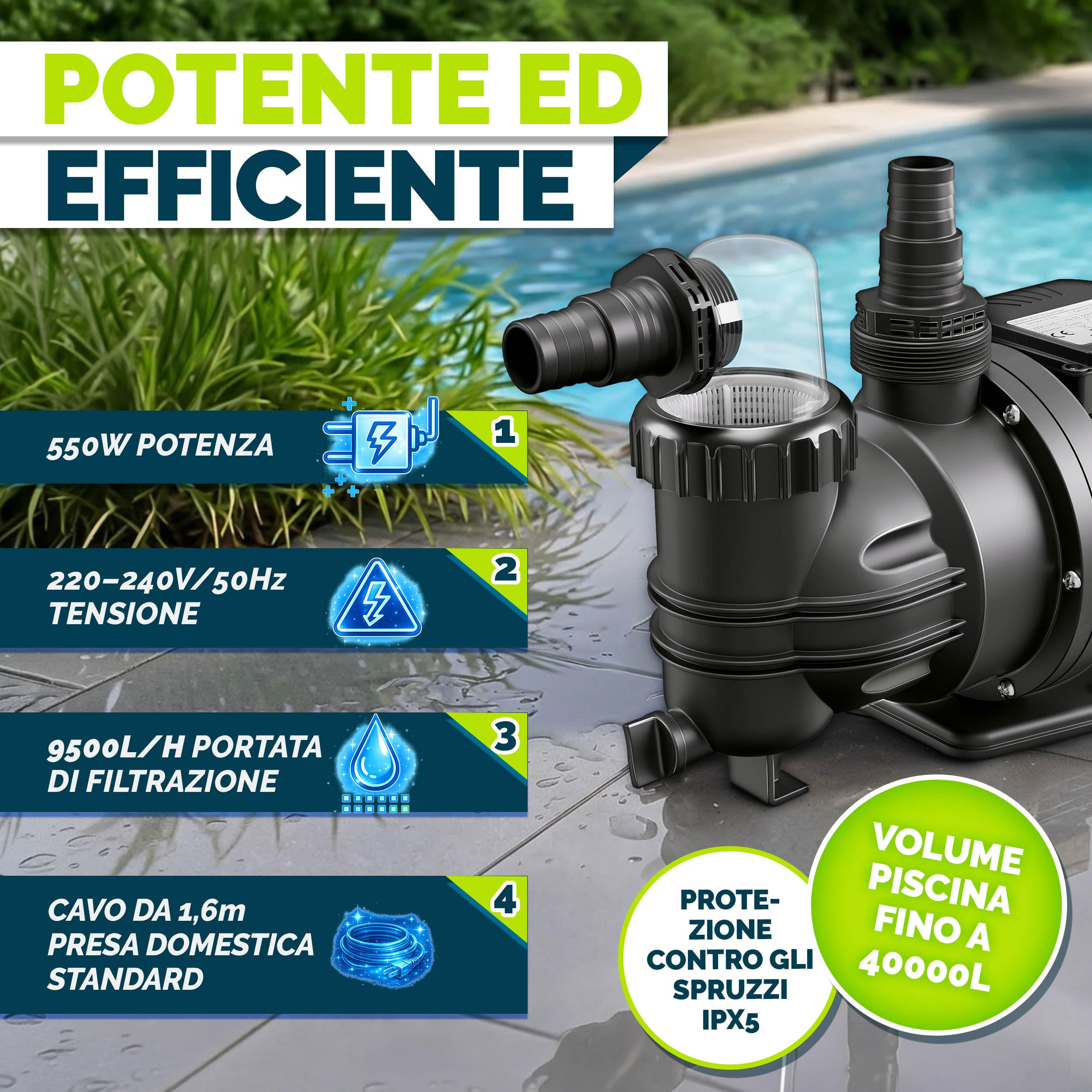 tillvex® Pompa filtro piscina 9 500 L/h & 550 W | Altezza di mandata max. 10 m | Pompa di circolazione per piscine fino a 40 m³ | Autoprimante per piscina fuoriterra & spa con prefiltro