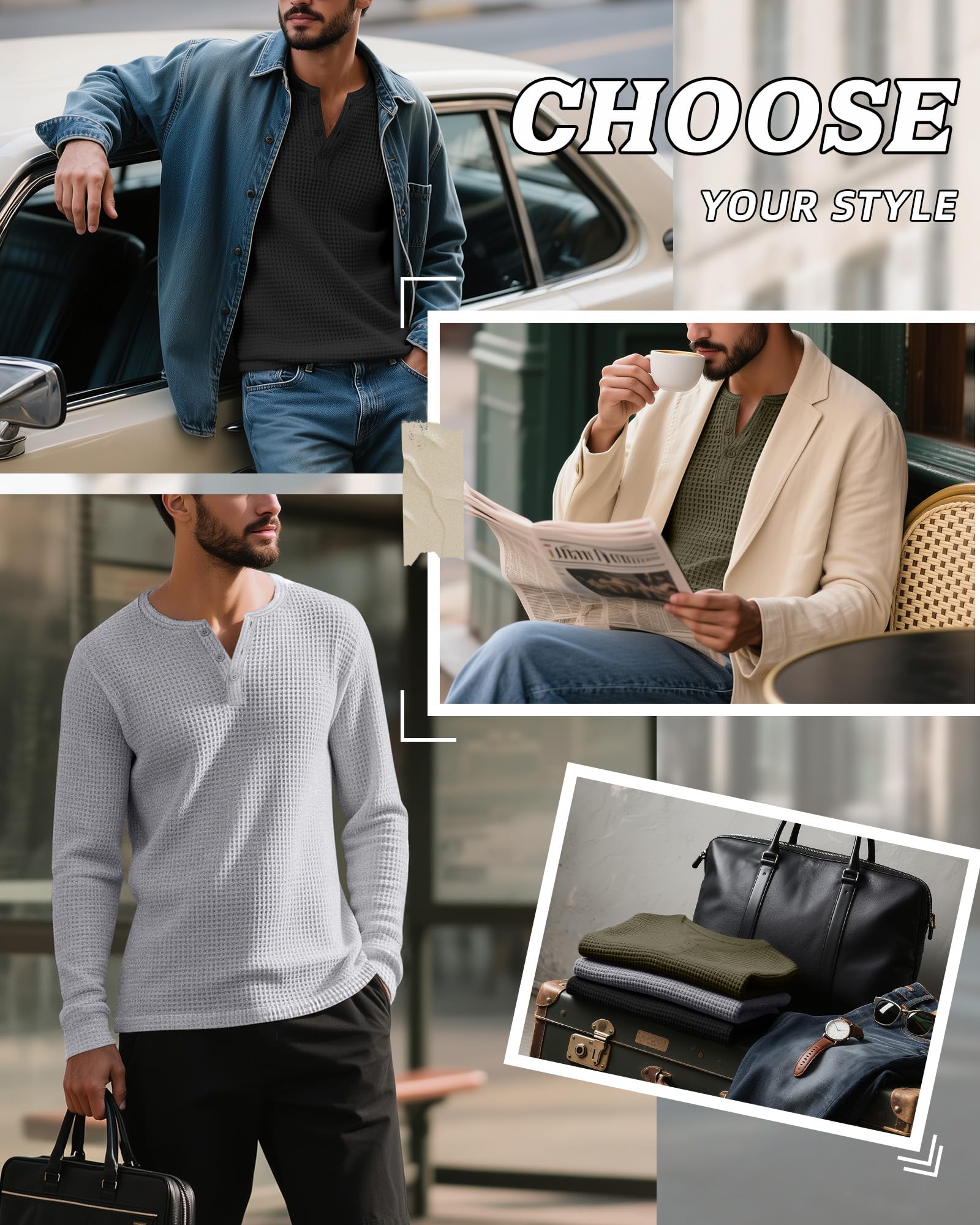 Pack de 3 Camisetas Henley de Punto Gofrado para Hombre de Manga Larga con Botones Informales Básicas de Punto Ligero
