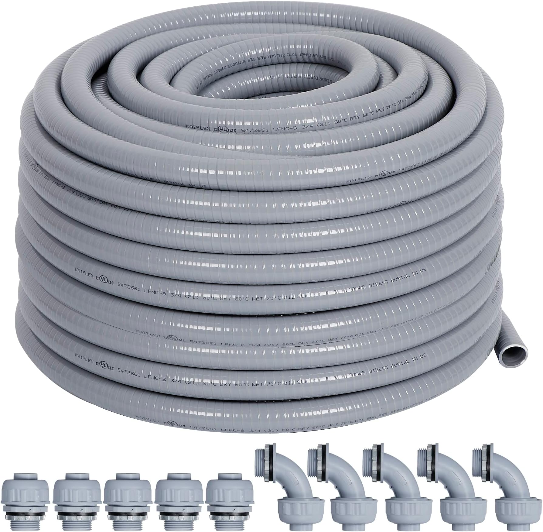 50 ft PVC Liquid-Tight Conduit Kit with 10 Connectors, 1/2 inch, Gray, 50 ft, 11 Pieces, Outdoor, Directly Buried, 50% Lighter than Metal Conduit