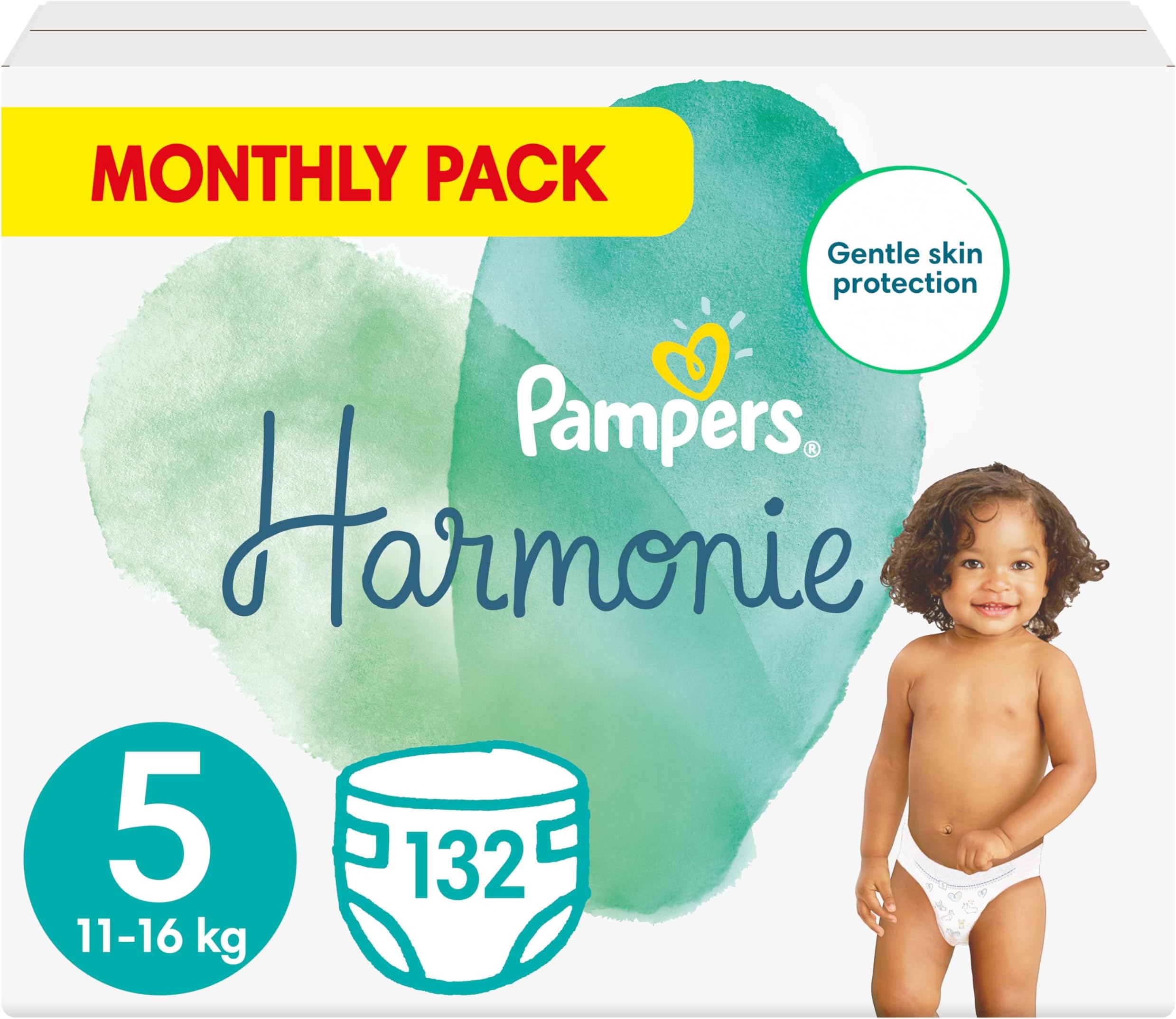 Pampers Baby Nappies Size 5 (11-16 kg / 24-35 lbs), Harmonie 132 Count, Monthly Savings Pack, Premium Cotton and Plant-Based Fibres