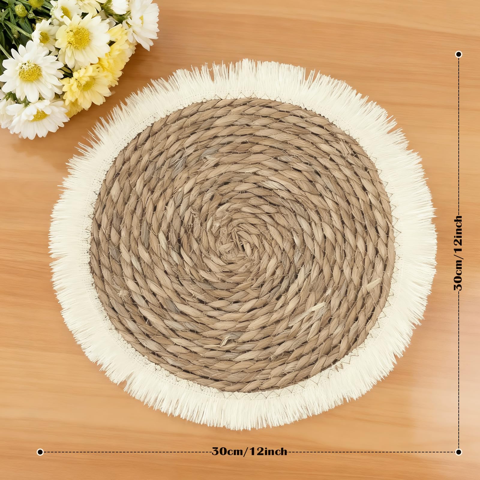 Set Tavoli Rotondi 6 Pezzi, Copripiatto Intrecciato con Design a Frange, Resistente al Calore per Decorazione Boho di Tavolo Cucina, Lavabile, Antiscivolo, Beige