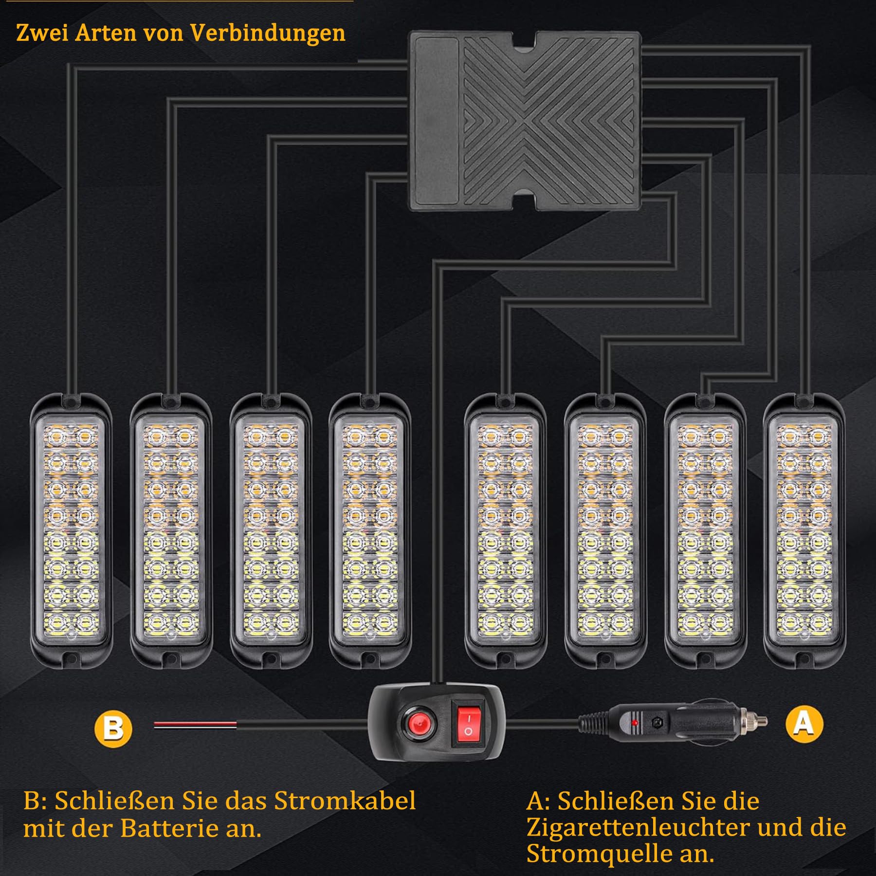 8X16LED Warnlicht Frontblitzer - 12V/24V Blinklicht Stroboskoplicht Warnleuchte, IP67 Wasserdicht Warnung Blinklichter Strobe 13Modi Blitzmodul für Truck Traktor Emergency KFZ LKW(Gelb)