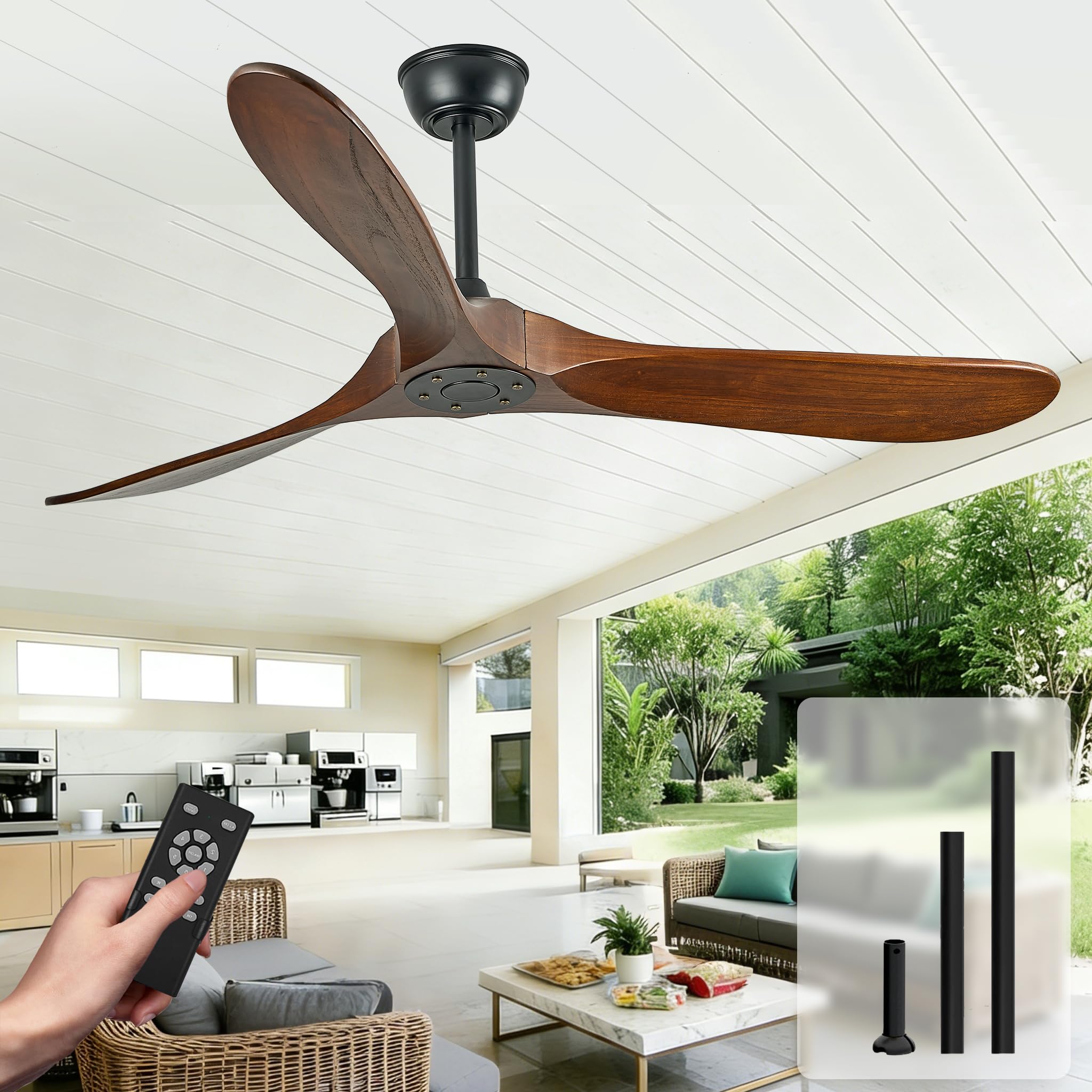YKXONFA 60 Inch Wood Ceiling Fan No Light: Indoor outdoor Ceilingfan Natural Wooden Blades DC Reversible Motor Remote Control for Bedroom Living Room