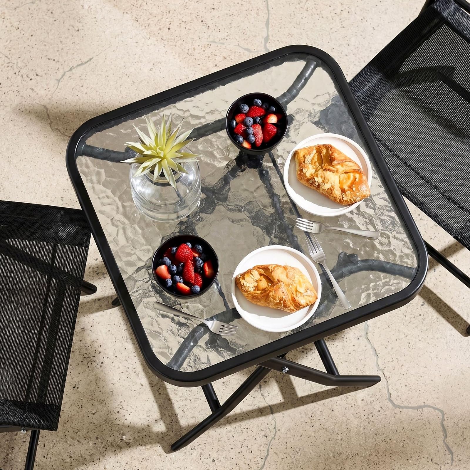 LIFERUN Juego de Muebles de Balcón Plegable, 3 Piezas, Resistente a la Intemperie, con Tablero de Cristal y Sillas de Textileno, 1 Mesa Plegable con 2 Sillas Plegables, Negro