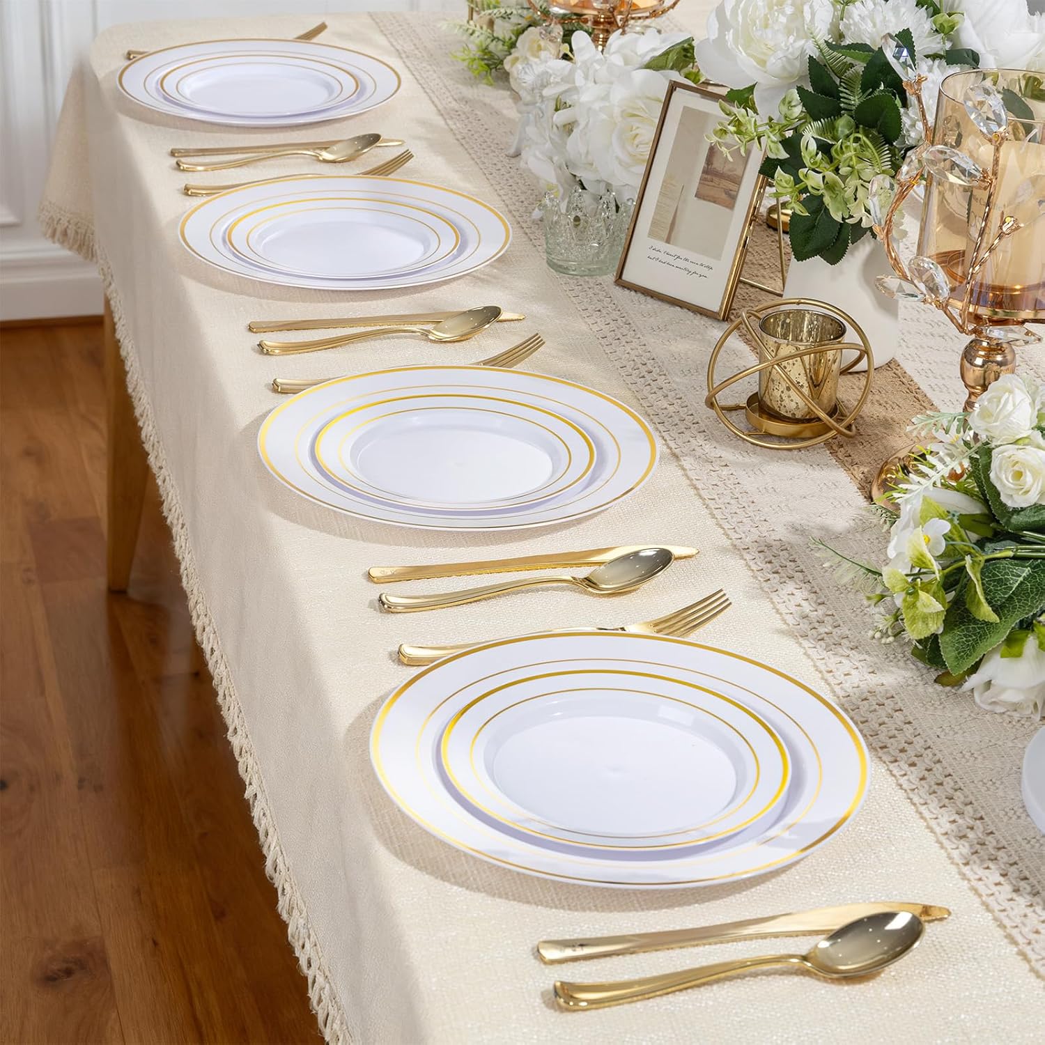 100PCS Gold Plastic Plates, 10 Inch Plates Disposable Dinner Plate Party with Gold Rim, Heavy Duty Disposable Plastic Plate for Party, Wedding and Birthday