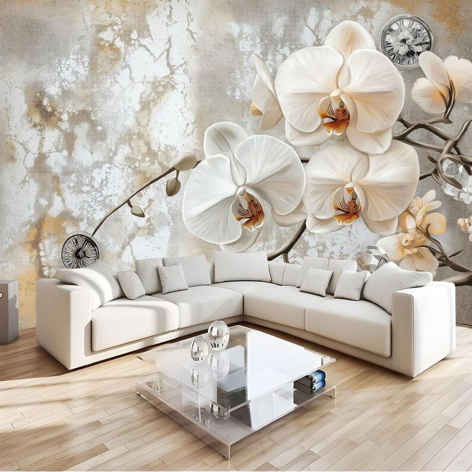 Hgjdjhnf 3D Background Photo Wallpaper White Orchid Diamond 3D Wallpaper Wall Decoration Design Pattern Wallpaper Wall Decoration Living Room Bedroom Office Hallway Grey 300 Cm X 210 Cm