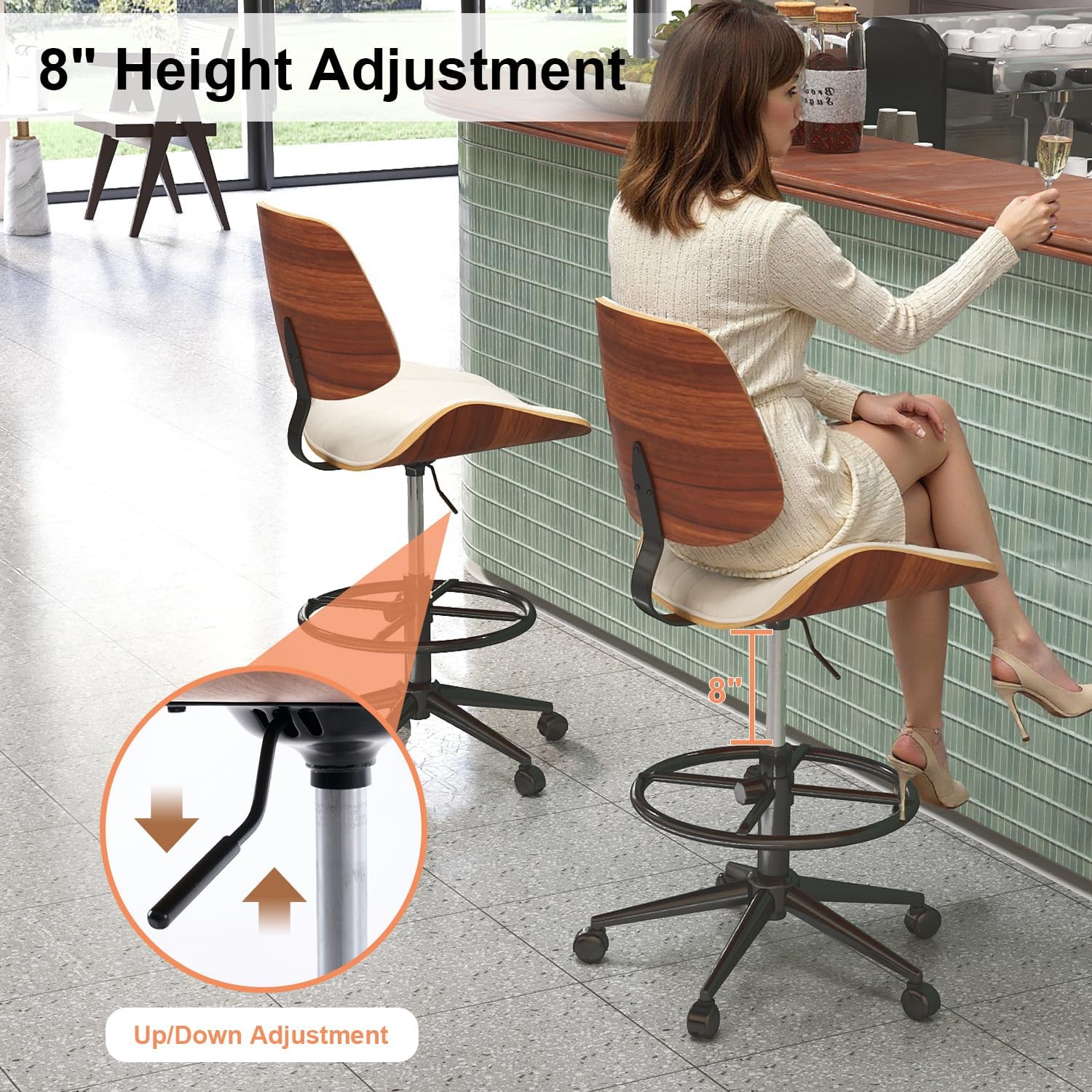 Drafting Chair, Ergonomic Office Chair with Walnut Wood Back Support, Armless PU Leather Desk Chair with Height-Adjustable, Thick Cushion for Home, Bar, Drafting, Office (Beige)
